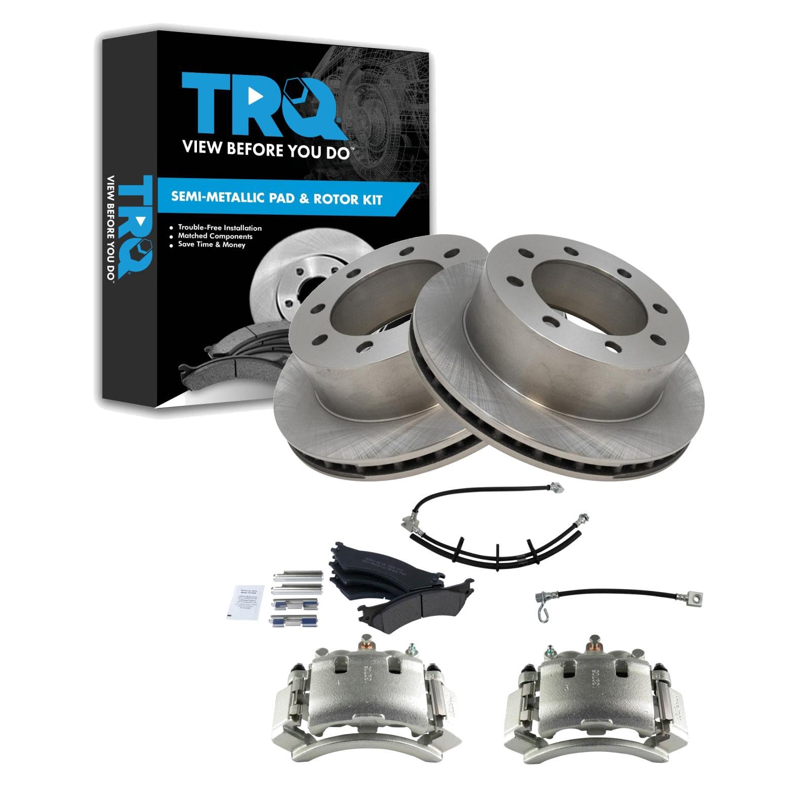 TRQ Rear Brake Pad, Caliper, Hose, &amp; Rotor Kit Semi-Metallic Compatible with 2003-2007 Ford E-250 2000-2002 E-250 Econoline