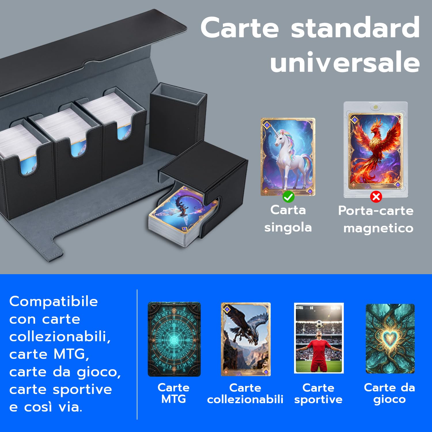 5 in 1 Box Porta Mazzo per Carte MTG Capacità di 800+ Senza Maniche Carte con Dice Tray, Magnetic Flip Deck Box per le Carte di Magic Commander TCG-Nero