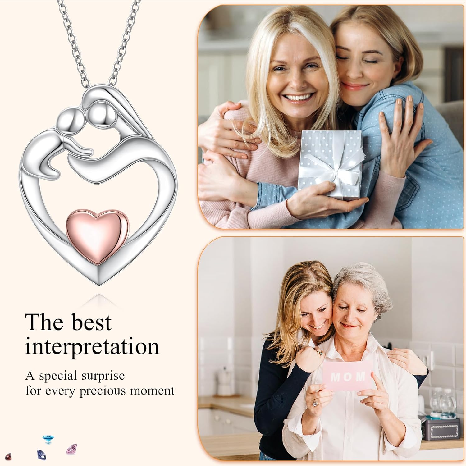 FLYOW Mothers Necklace 925 Sterling Silver Mother and Child Lab Opal Heart Pendant for Women Mother Daughter, Adjustable Hug Necklace New Mum Gifts - Image 7