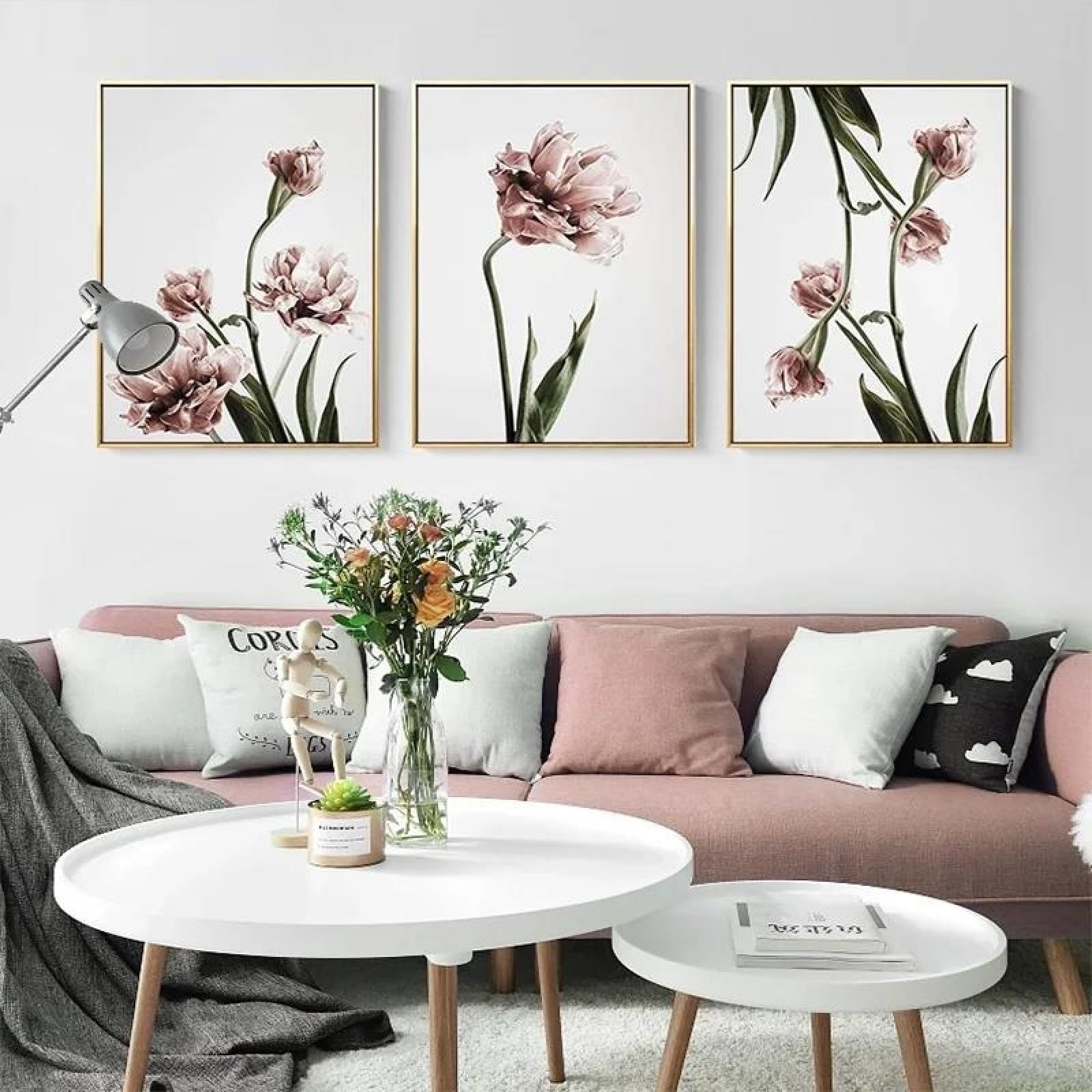 Baibexing Abstract Plant Pink Flowers Green Leaf Canvas Painting Poster And Prints Wall Art Picture For Living Room Home Decor 40X60Cmx3Pcs Unframed