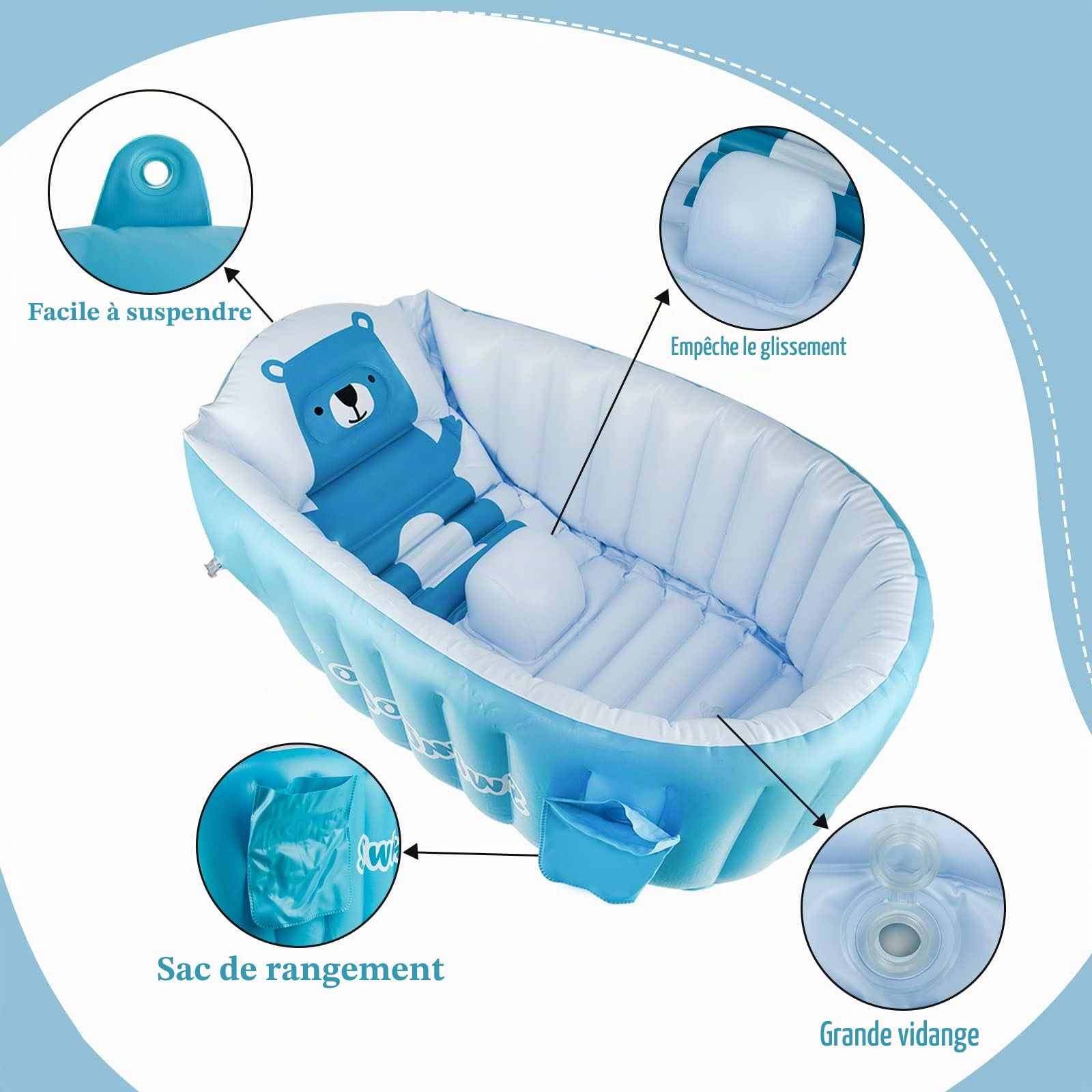 Baignoire Pliable Bébé Portable Gonflable, Piscine Bébé, Baignoire de Voyage Souple Réutilisable (0-5 ans) + Pompe à Air, Bleu
