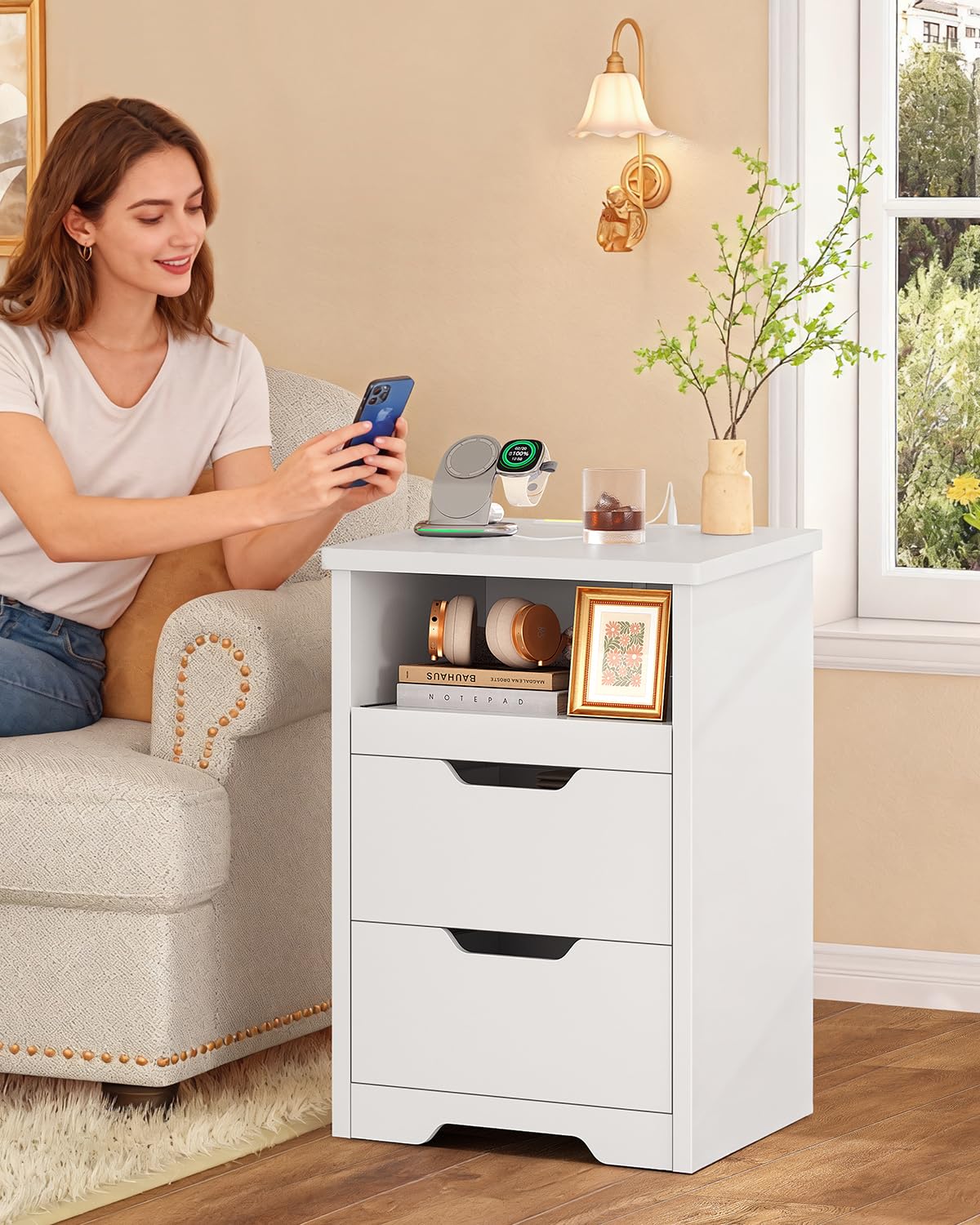 TEENFON Set de 2 Tables de Chevet avec Éclairage LED 3 Couleurs et Charge Rapide USB/Type-C – Chevet de Lit ainsi que Table de Nuit Moderne avec Plateau Coulissant et 2 Tiroirs, pour Chambre et Salon,
