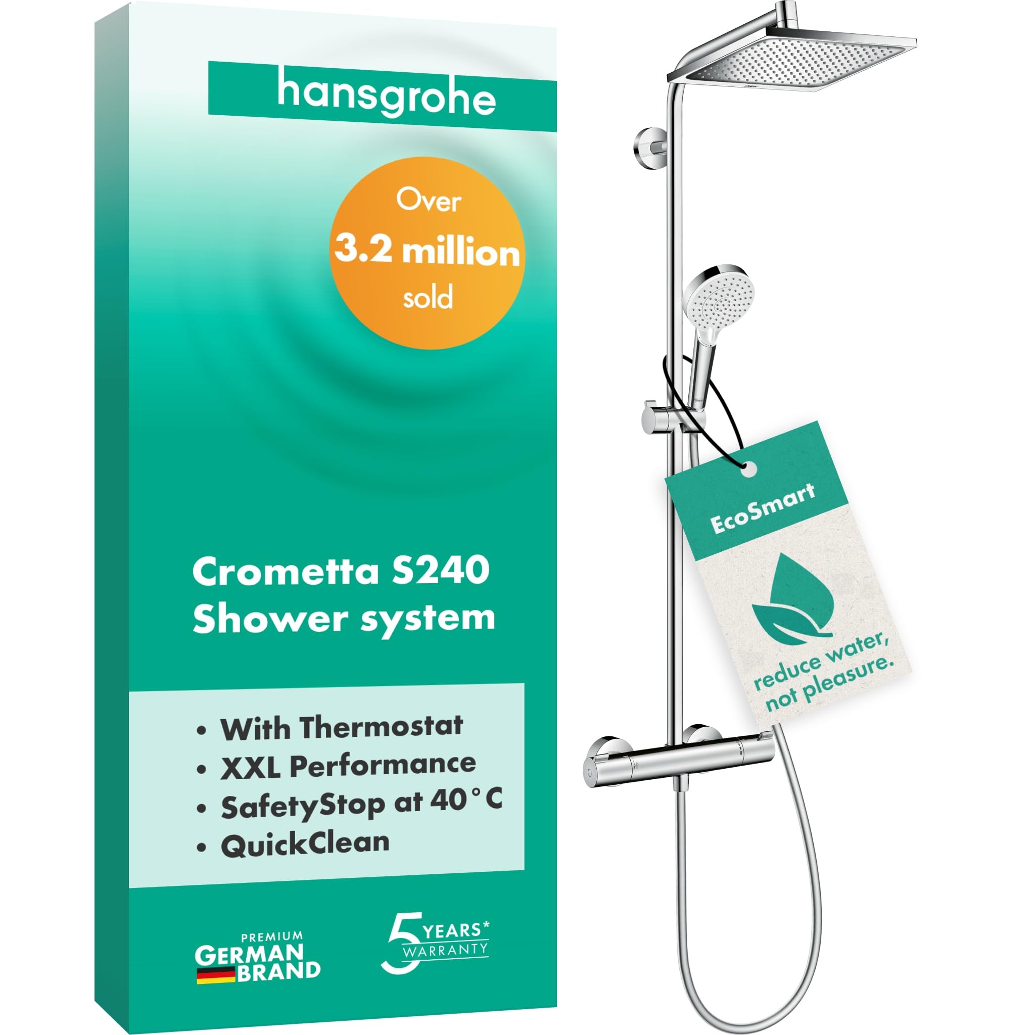 hansgrohe Crometta E - Colonne de douche économie d'eau (EcoSmart) avec mitigeur thermostatique, douche pluie (240 x 240mm), douchette, support, flexible, barre et douche de tête, Chromé, 27281000