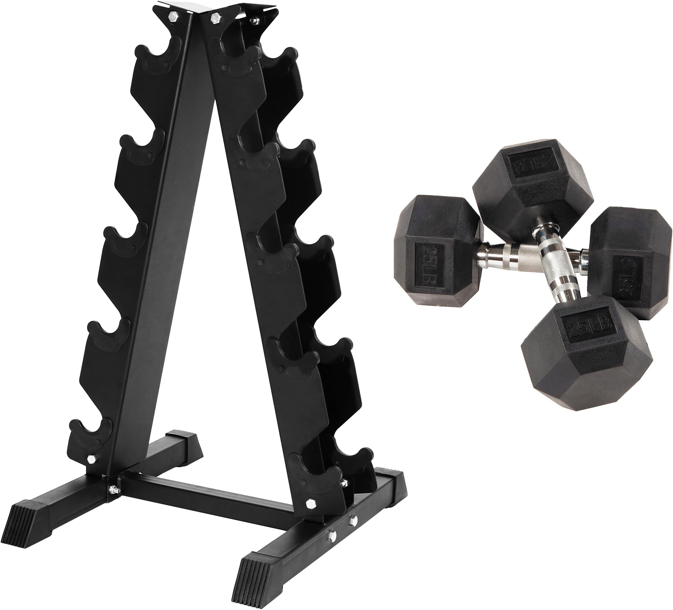 Fitvids Rubber Encased Hex Dumbbell, 25LB Pair with A-Frame Rack