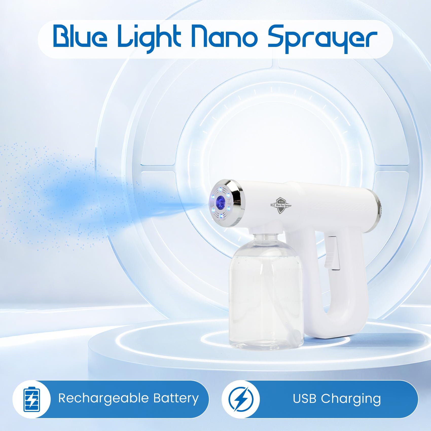 Fogger disinfettante, K12 Blue Ray Disinfettante Fogger Machine, ULV Nano Sanitizer Gun, Spruzzatore disinfettante portatile ricaricabile senza fili, Spruzzatore portatile elettrostatico per casa