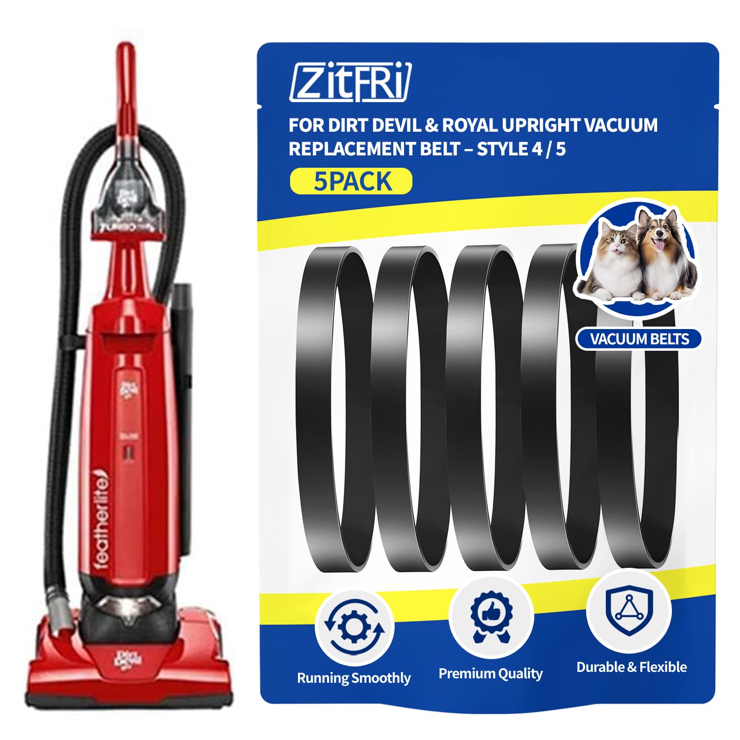 Dirt Devil (Royal) Style 5 Upright Vacuum Cleaner Replacement Belts – 2-Pack Brush and Gear Belts – Fits Power Max Pet, Featherlite, Swivel Glide (1LU0310X00, 3720310001, 1540310001)