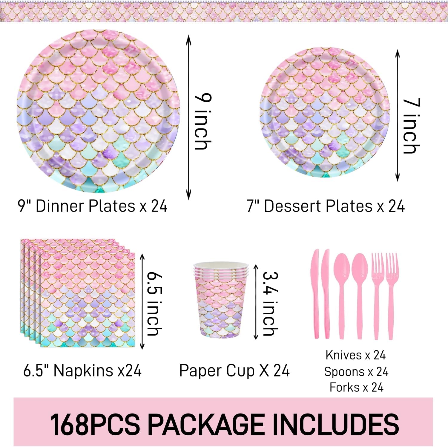 Askljeby 168 Pcs Mermaid Birthday Party Decorations Plates Set for 24 Guests, Little Mermaid Party Supplies Ocean under the Sea Party Plate Napkins Knives Forks Spoons Cups for Princess Girls
