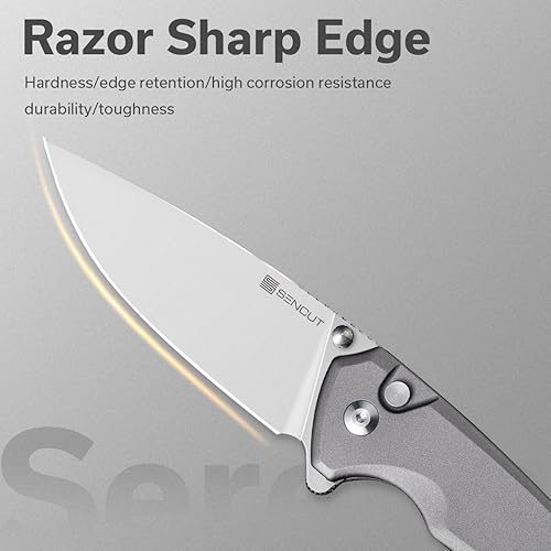 Miniatura 4 de SENCUT Navaja de bolsillo con bloqueo de botón para EDC, cuchillo plegable Serene, espárrago y abridor de aletas, mango de aluminio con hoja D2