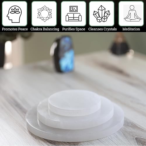 Miniatura 4 de Placa de carga de selenita  Cristal de selenita redondo de 4 pulgadas  Minado y fabricado en Marruecos  Ideal para limpiar cristales y piedras