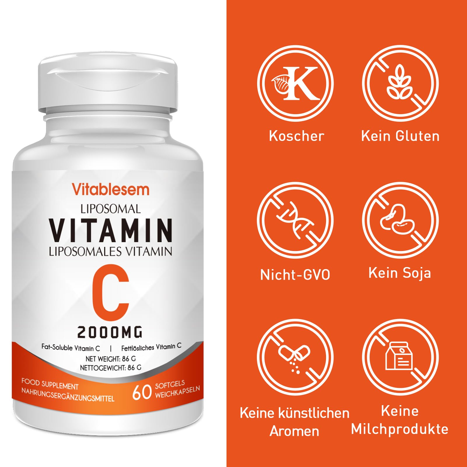 Liposomale Vitamin C Kapseln 2000 mg - Hochdosiert Glutenfrei & Ascorbinsäure - Immununterstützendes Antioxidans - Non-GMO