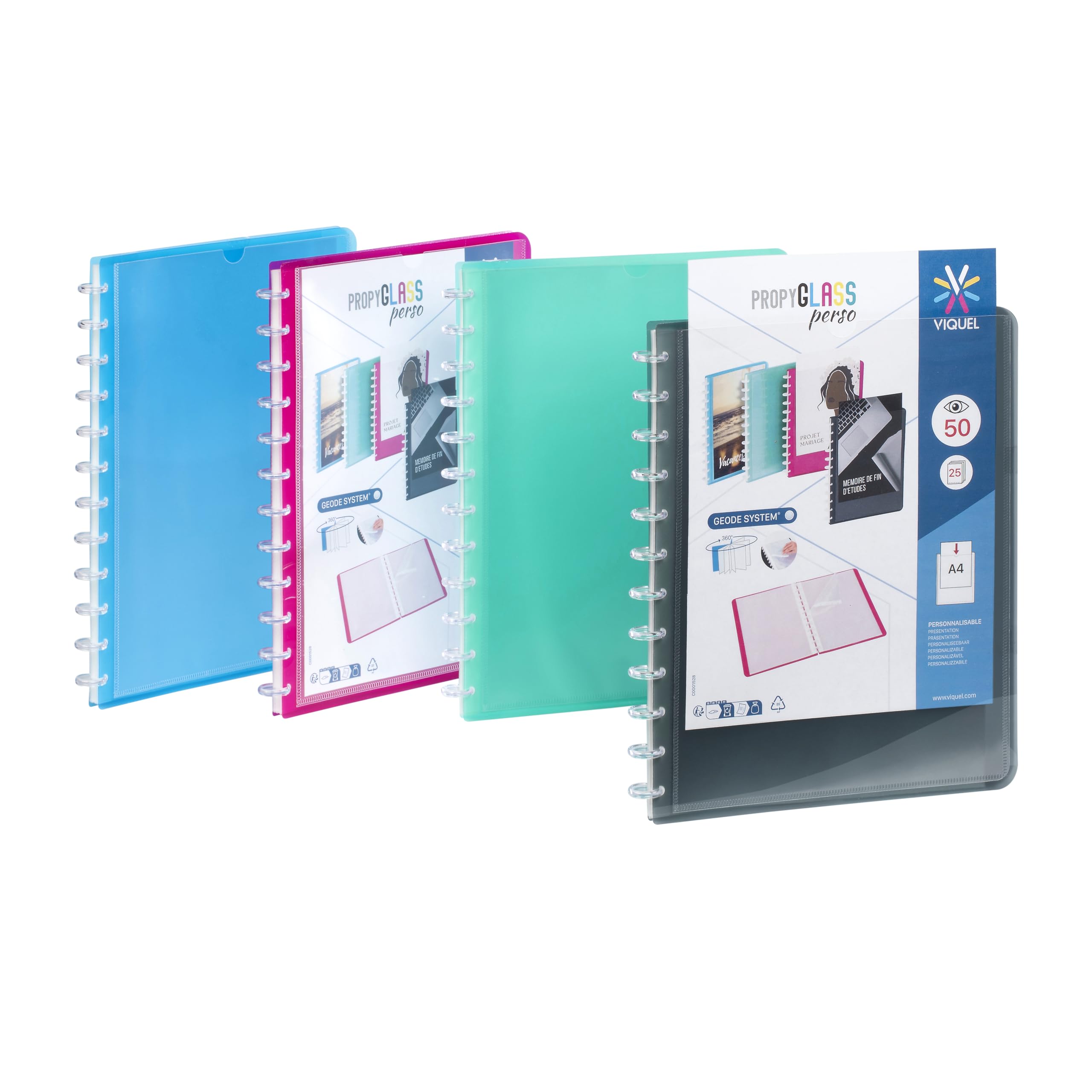 Viquel – Lotto di 10 portadocumenti A4 GEODE personalizzabili con 25 tasche riposizionabili, 50 foto, 4 colori assortiti