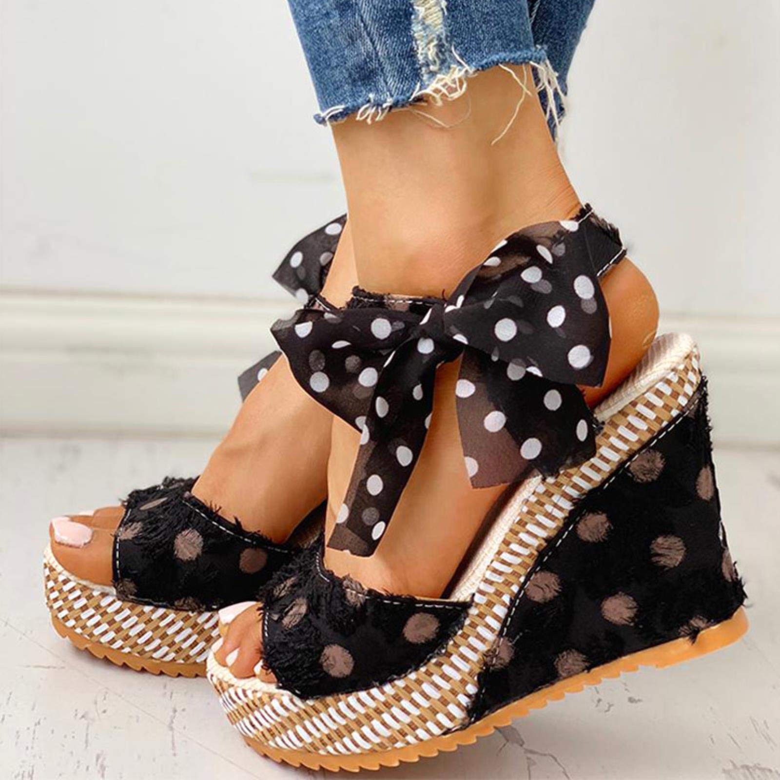 Sandalias de mujer con plataforma de punto Bowknot para mujer, zapatos casuales de aumento alto, con correa de tobillo abierta, sandalias de punta abierta, rosa, 37