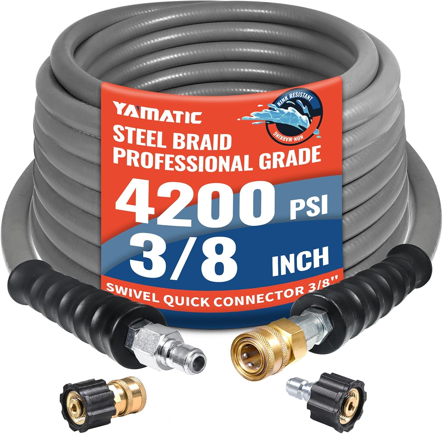 YAMATIC Non Marking 3/8" Pressure Washer Hose 50FT 4200 PSI, Kink Resistant Swivel 3/8" Quick Connect, Rubber Steel Braided Wear Resistant Industry Grade for Hot/Cold Water Gas Power Washer