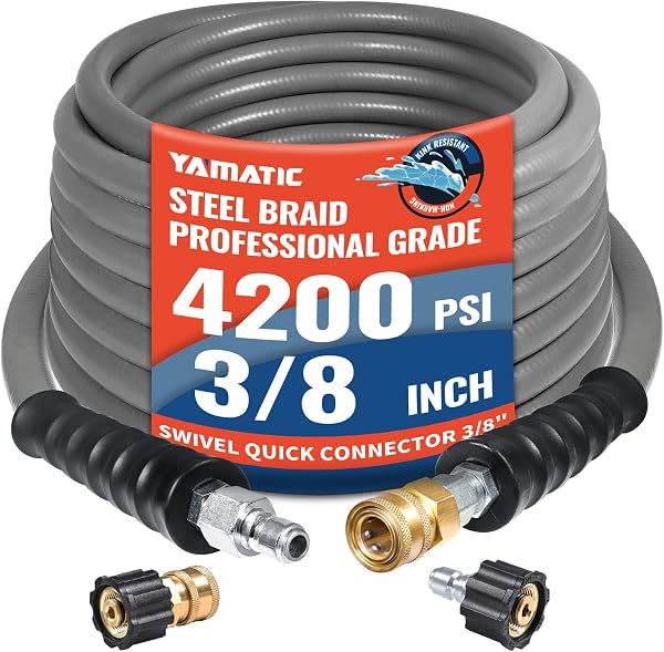 YAMATIC 3/8 Pressure Washer Hose, 4200 PSI Non Markingreplacement hose for Hot/Cold Water Rubber Wire Braided