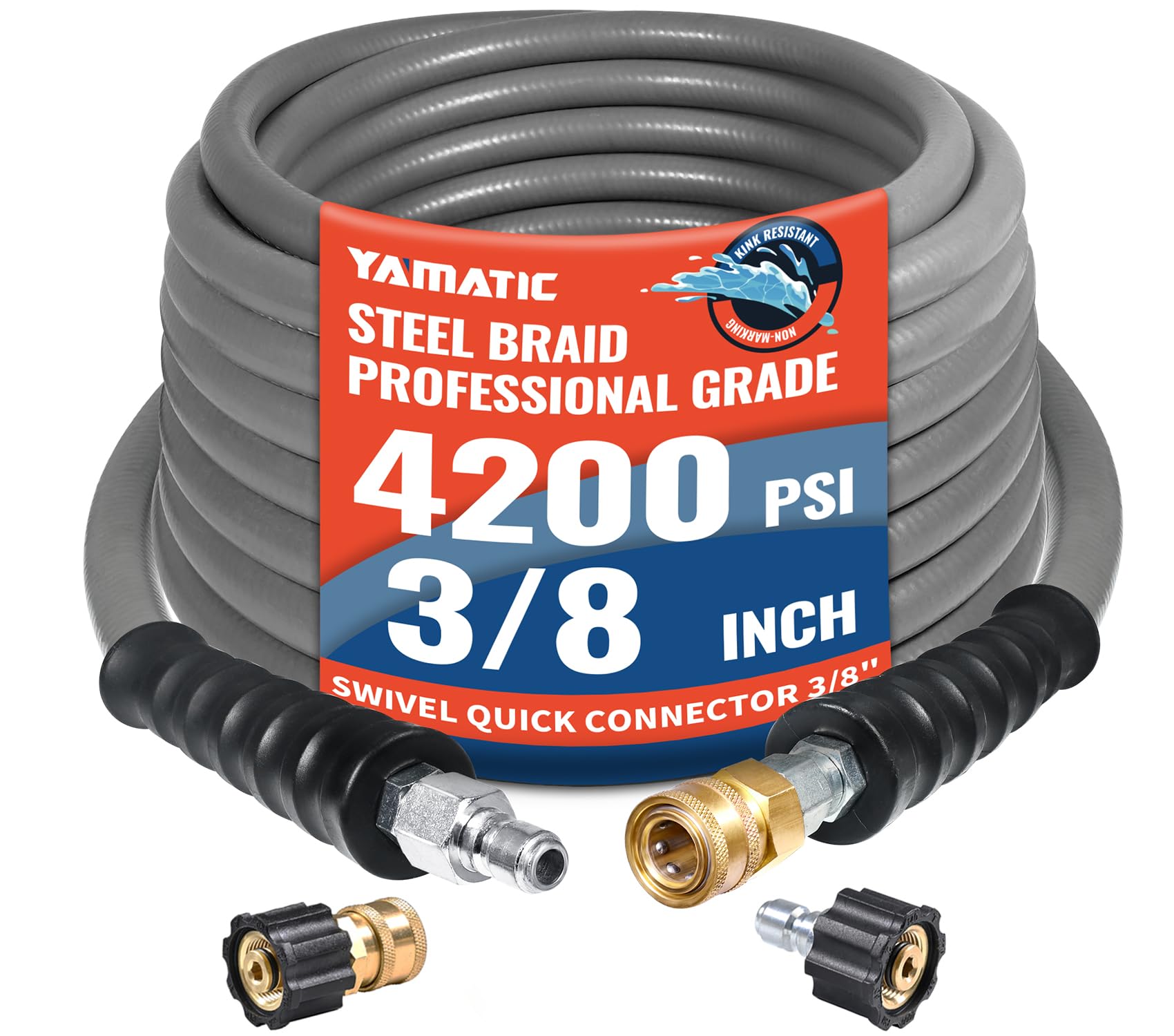 YAMATIC 3/8" Non-Marking Pressure Washer Hose 35 FT, Swivel Quick Connect