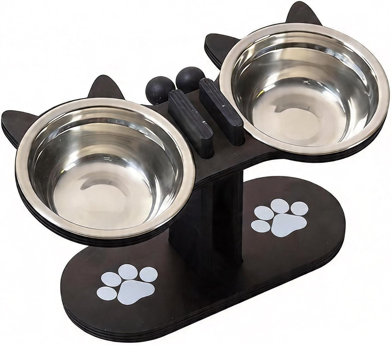 Anti-Slip Elevated 3-Bowl Pet Feeder, Adjustable 15° Tilted Raised Cat and Dog Food & Water Station with 3 Stainless Steel Bowls, Wooden Stand for Better Digestion & Mess-Free Feeding(Wood,3 Bowls)