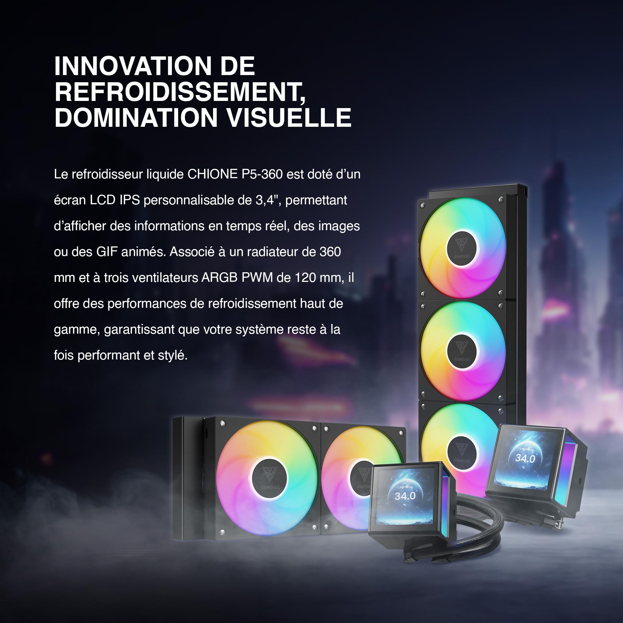 GAMDIAS CHIONE P5 Watercooling AIO 360 mm pour CPU, Écran LCD IPS 3,4” Magnétique et Rotatif, Logiciel Personnalisable, Câblage Caché, Ventilateurs ARGB PWM, MB Sync, Intel LGA 1851, AMD AM5, Noir