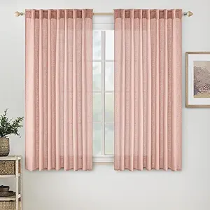 MIULEE Blush Pink Short Linen Curtains 45 Inch Length 2 Panels for Girls Bedroom Nursery, Soft Thick Linen Textured Window Drapes Semi Sheer Light Filtering Back Tab for Kids Bathroom Light Pink
