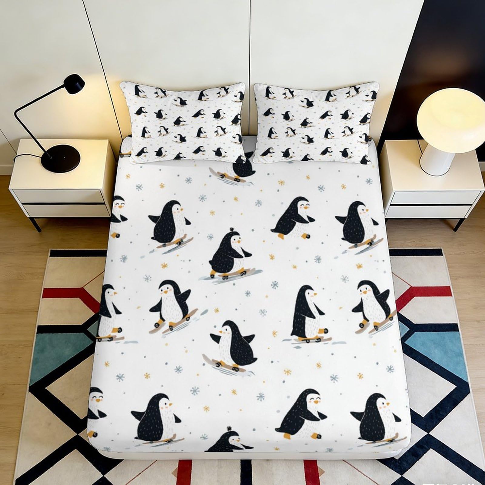 3D Printed Penguin Pattern Fitted Sheet Microfiber Soft Breathable Skateboarding Penguins Mattress Cover for Bedroom Dormitory Guest Room Protection 160x200x25cm
