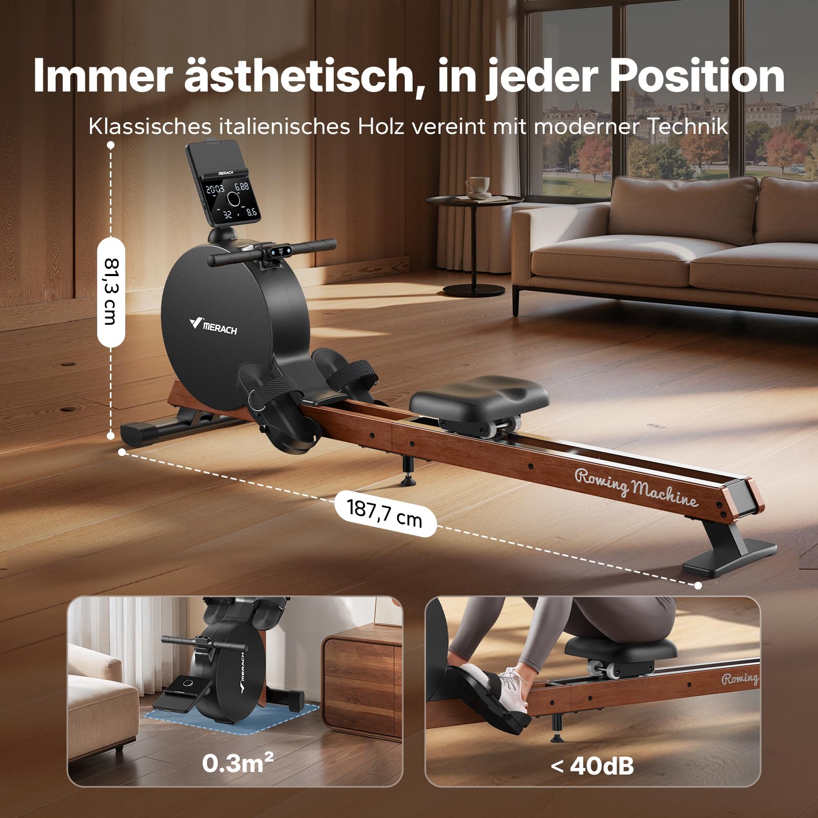 MERACH Rudergerät für Zuhause, Eigenerzeugung, Verbesserter Magnetischer Spitzenwiderstand von 60 kg, Automatische Widerstandsanpassung, LED-Anzeige/ 21,5-Zoll-HD-Bildschirm (R7)