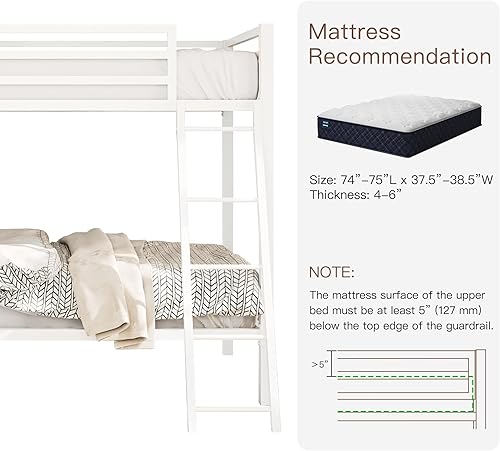 Miniatura 5 de ikalido Litera tipo loft de metal, tamaño individual sobre individual, con barandilla de seguridad y escalera, no necesita somier, muebles de Blanco