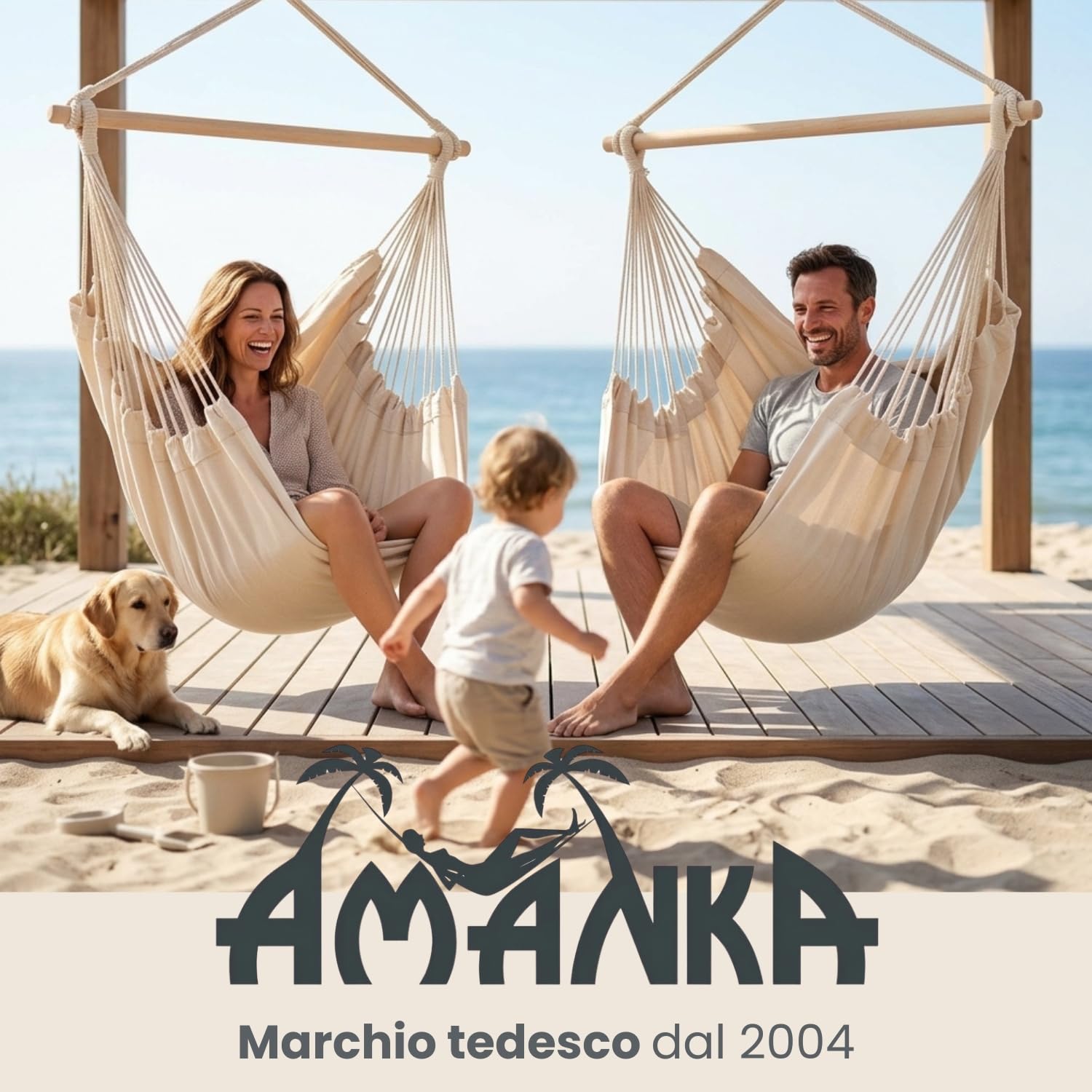 Amaca XXL per Tutta la Famiglia | Dondolo Peso Massimo supportato 150 kg | Sedile sospeso di Tela 190x140cm | Dondolarsi 100% Cotone | Amaca incl. moschettoni | per la Siesta | Blu Mare