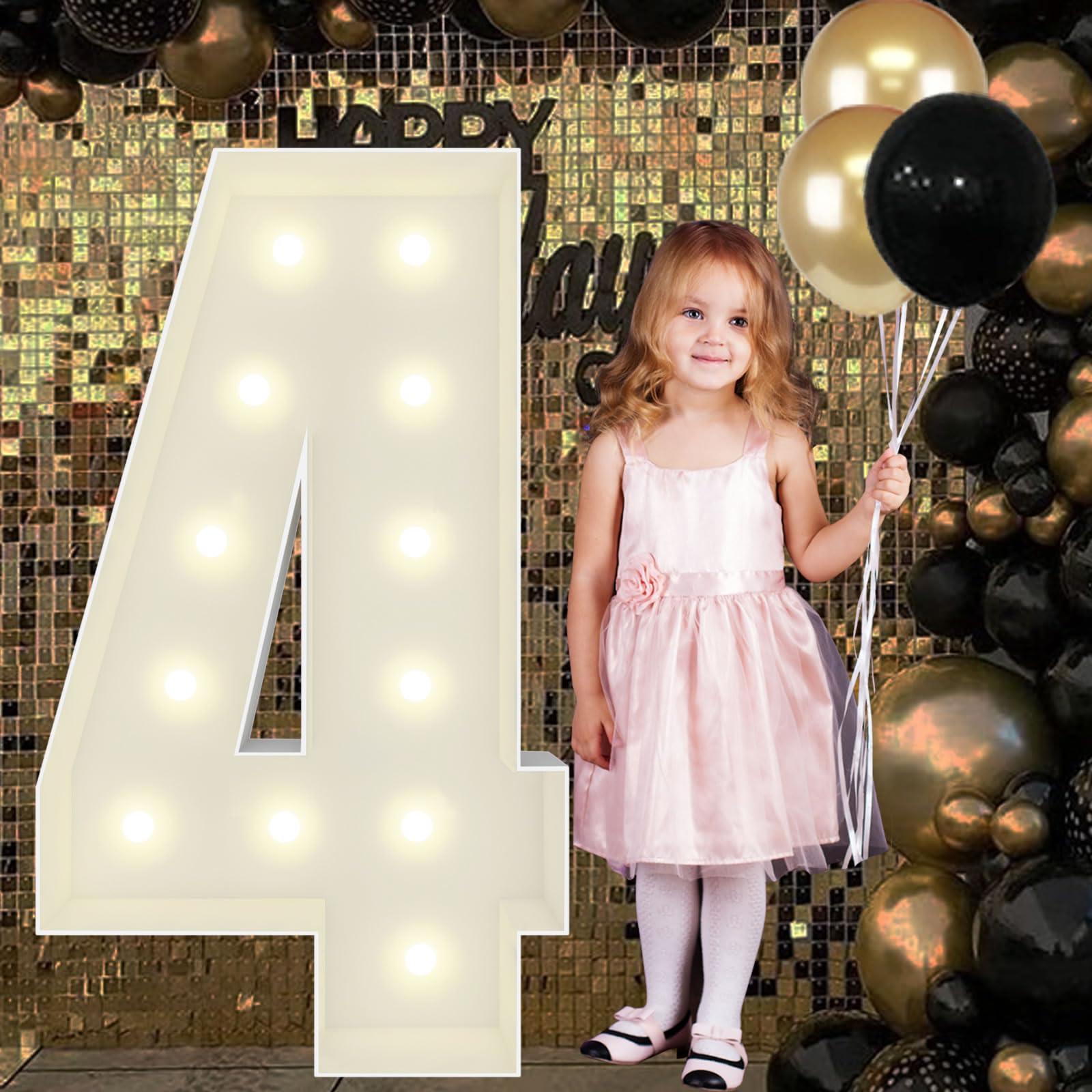 4FT Marquee Light Up Numbers Pre-Cut Frame Giant Marquee Numbers 4, Mosaic Numbers for Balloons, 14th 24th 34, 40th Birthday Decorations for Women Men, 40th Anniversary Decorations, Party Decor