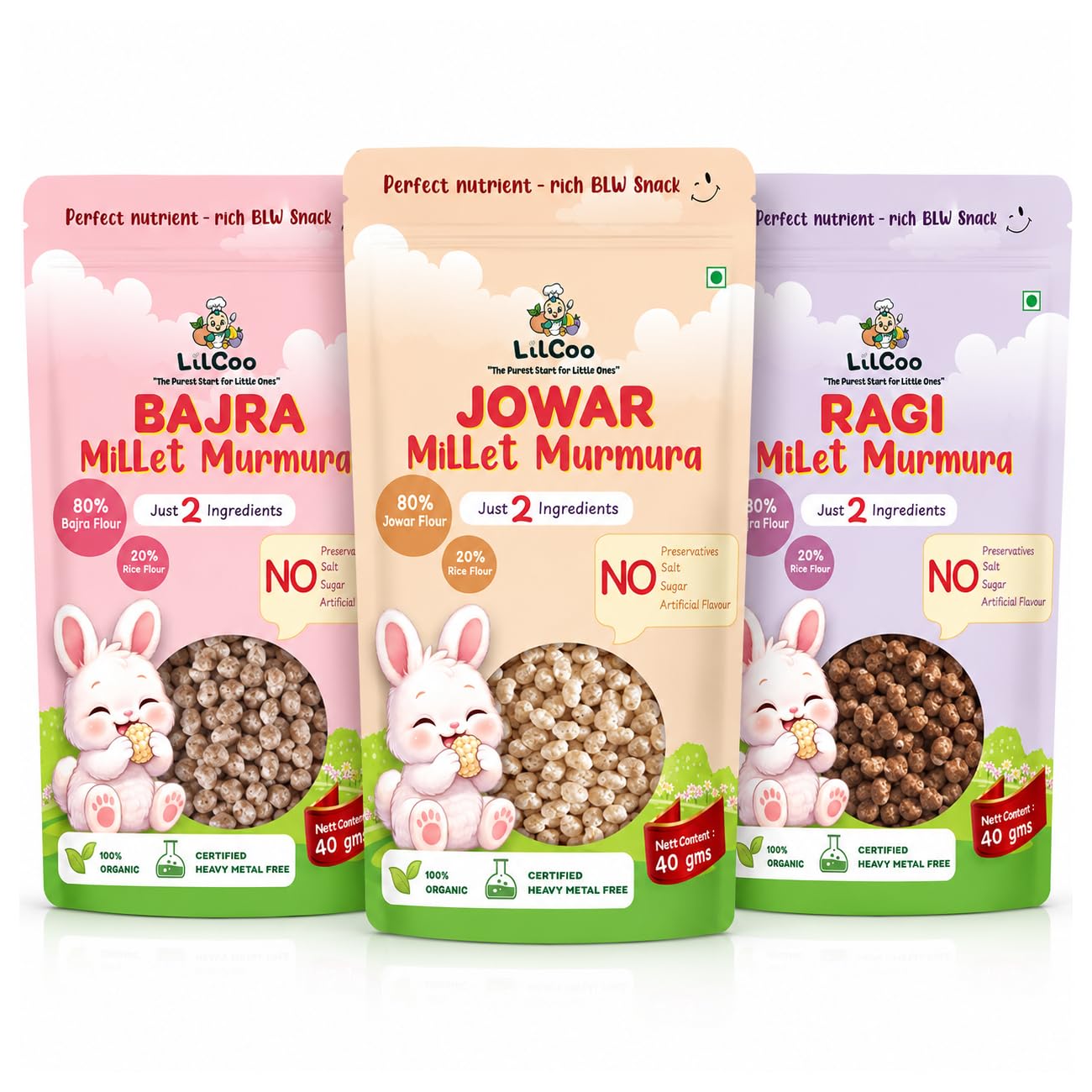 LilCoo Millet Murmura (Pack of 3-Jowar Puff, Ragi Puff & Bajra Puff) | Just 2 Ingredients (Millet Flour & Rice Flour) | No Sugar & Salt | Light & Crispy | Healthy BLW Snack | Travel-friendly