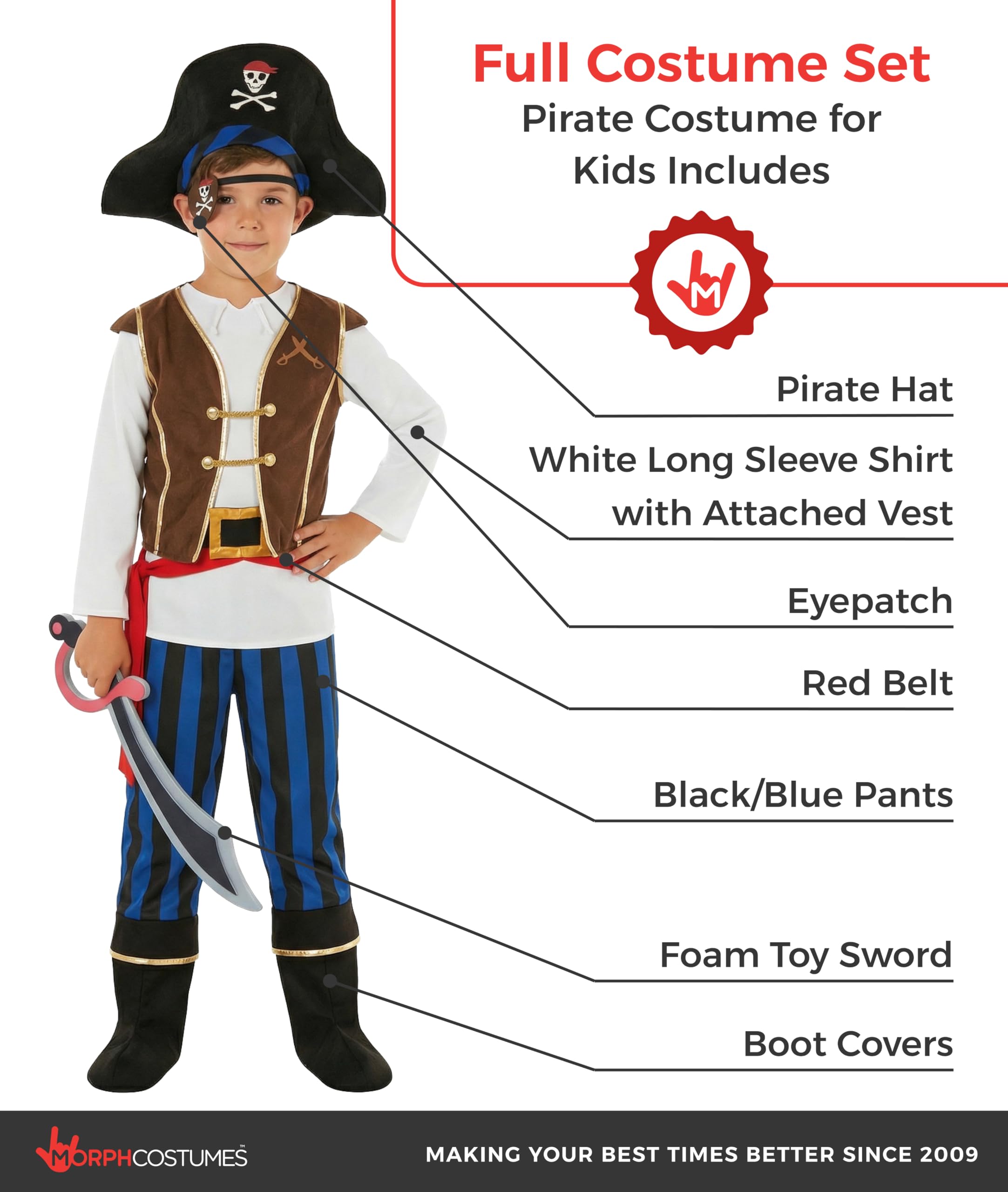 Morph Piratenkostüm für Kinder, Piraten Kostüm Kinder, Piratenkostüm Junge, Piratenkostüm Jungen, Pirat Kinderkostüm, Kostüm Pirat Kind in 4 Größen erhältlich