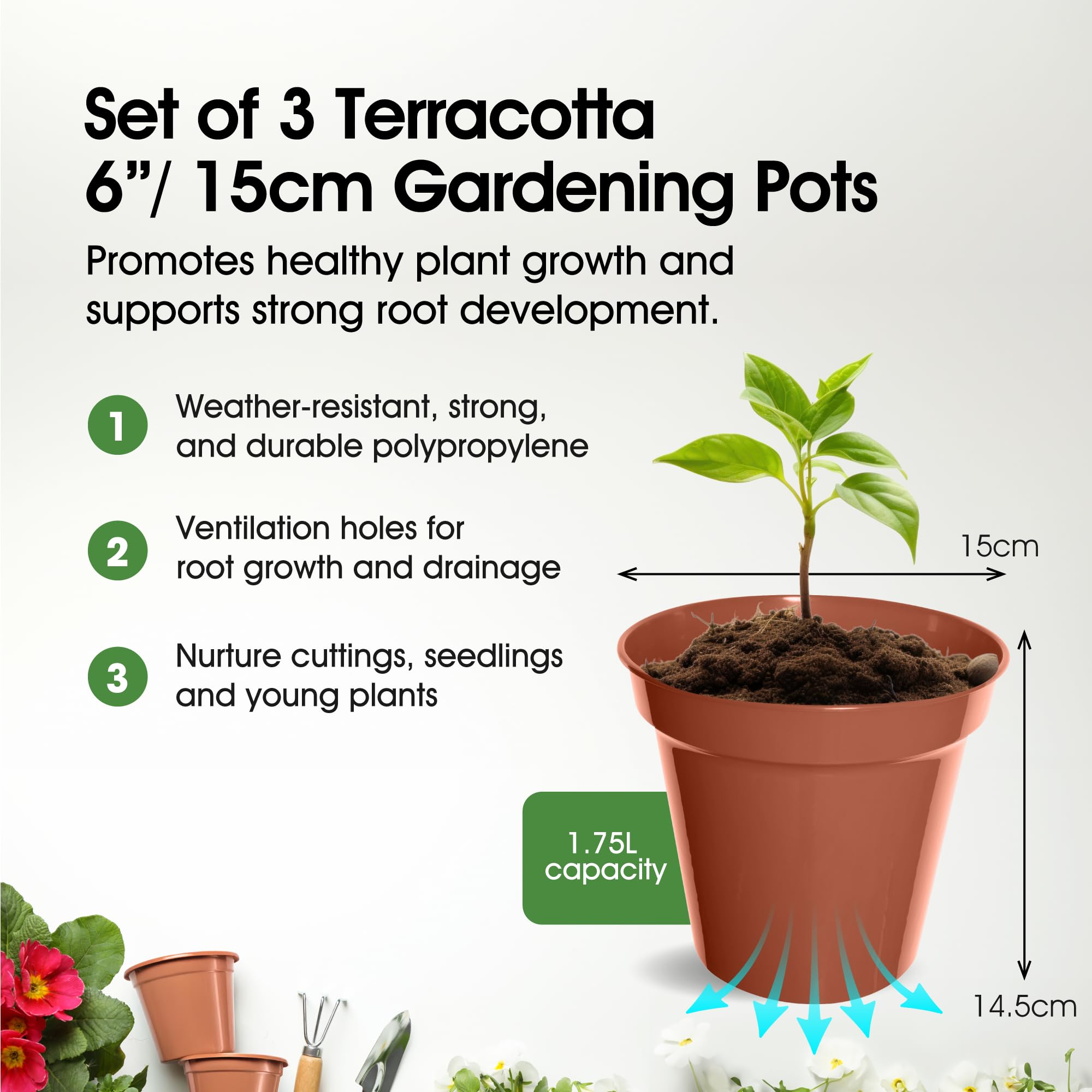 Whitefurze - Basic Plant Pots - Indoor Plant Pots - Flower Pots for Small Plants, Cuttings & Seedlings - Durable Polypropylene Plant Pots for Indoor & Outdoor Use, 15cm Diameter - Set of 3 — view 2