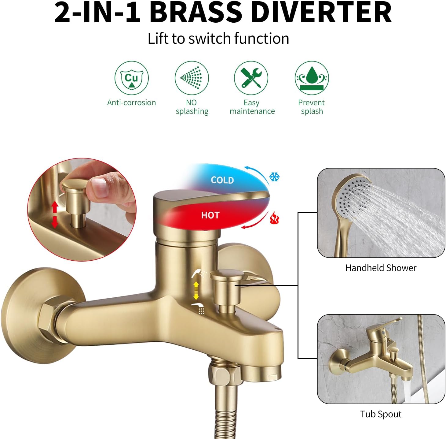 Weshi Bathtub Faucet with Handheld Shower, Wall Mounted 3-Spray Mode Leak-Free Solid Brass Tub Filler Set with Stainless Steel Hose, Single Handle Deck Mount 6-Inch Centers