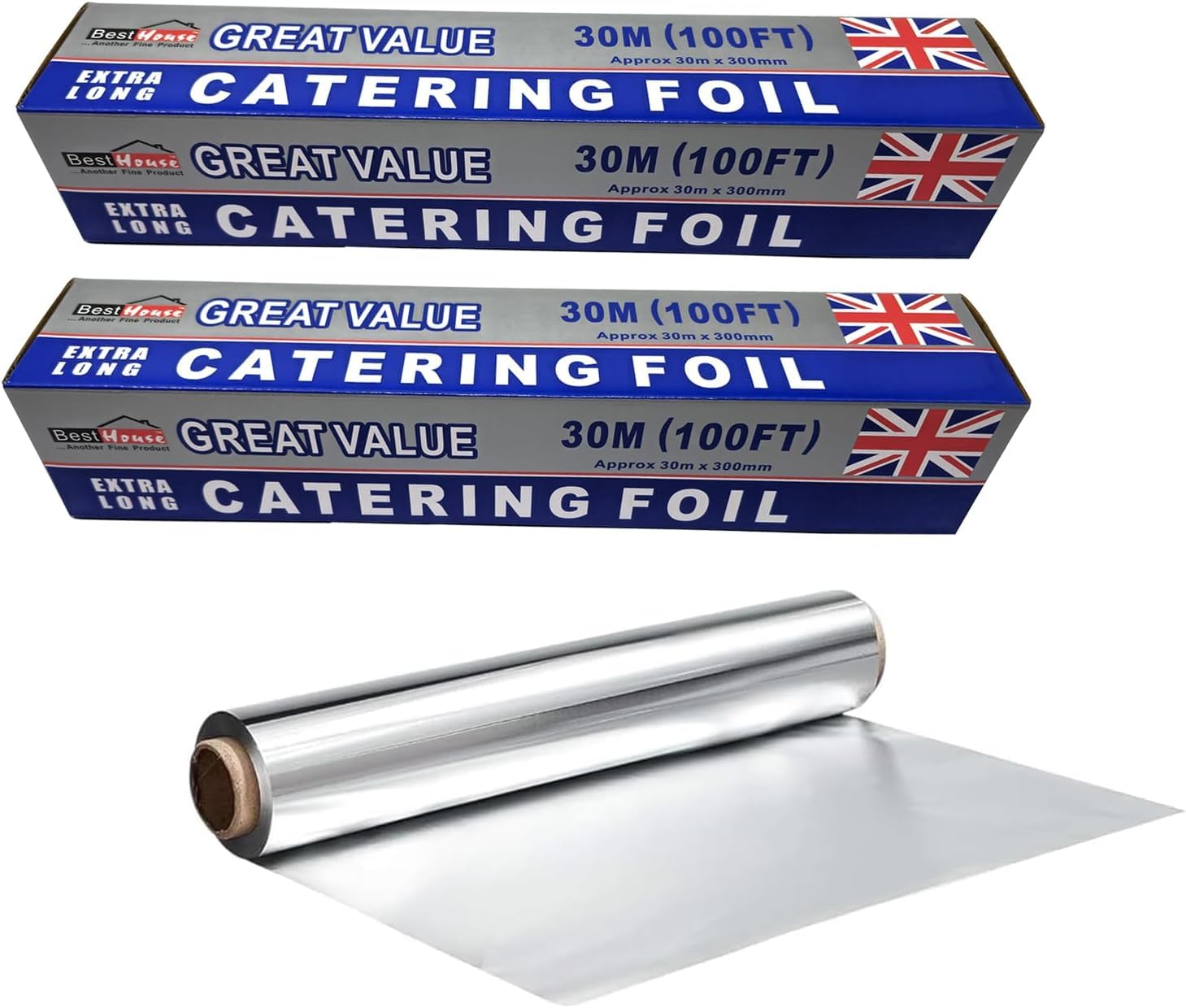 BH Rotolo di alluminio da 300 mm x 30 m, confezione da 2 pezzi, per cucina, catering, cottura, cottura, grigliate, barbecue, arrosti, per confezionare cibi caldi, preparare e conservare