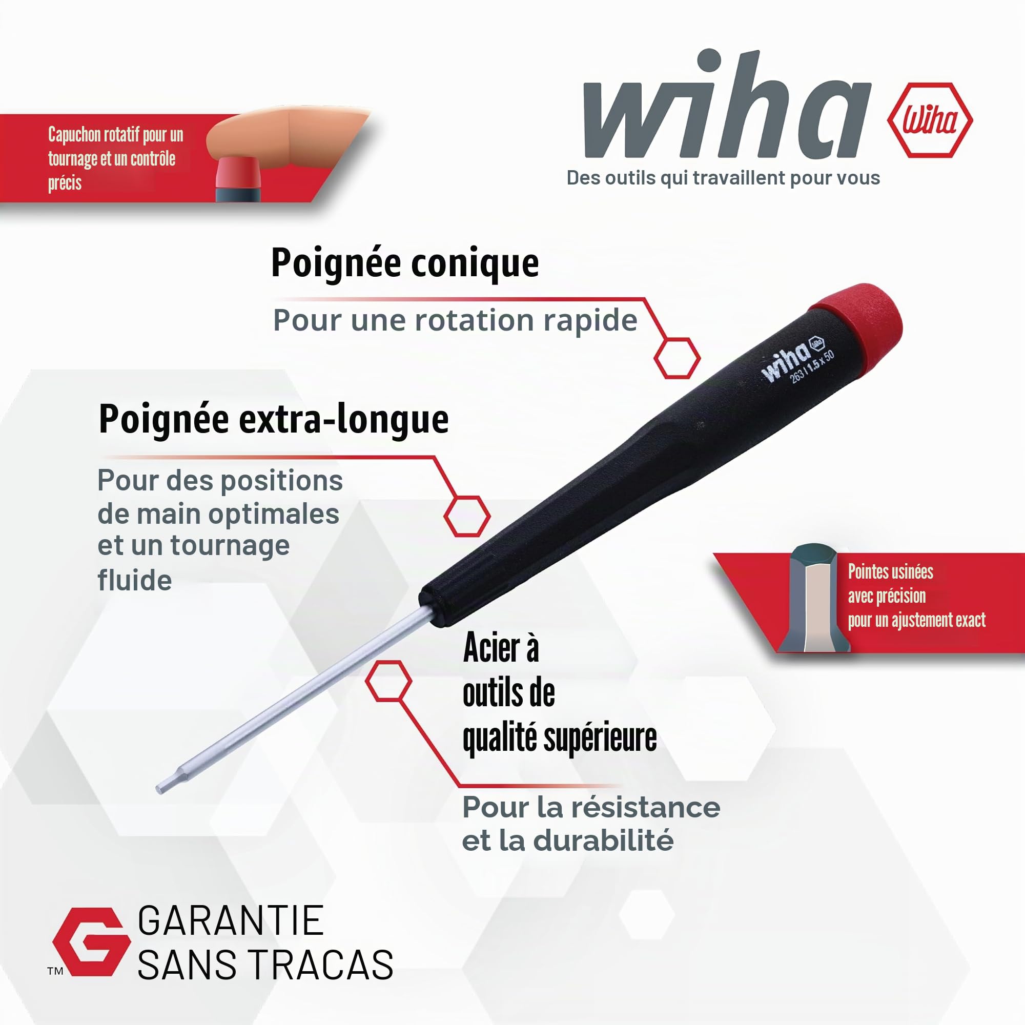 Wiha 26390, lot de 7 tournevis hexagonaux, poignée de précision de 0,7 à 3,0 mm