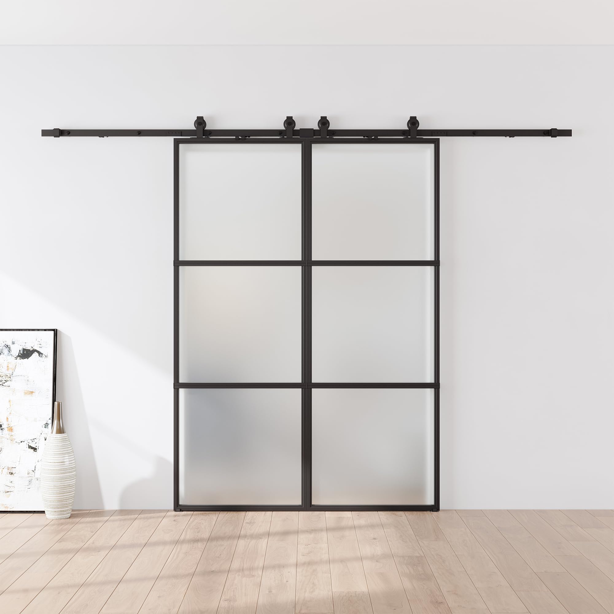 60 x 84 in Metal and Glass Sliding Double Barn Door with Installation Hardware Kit (Soft-Close Included)