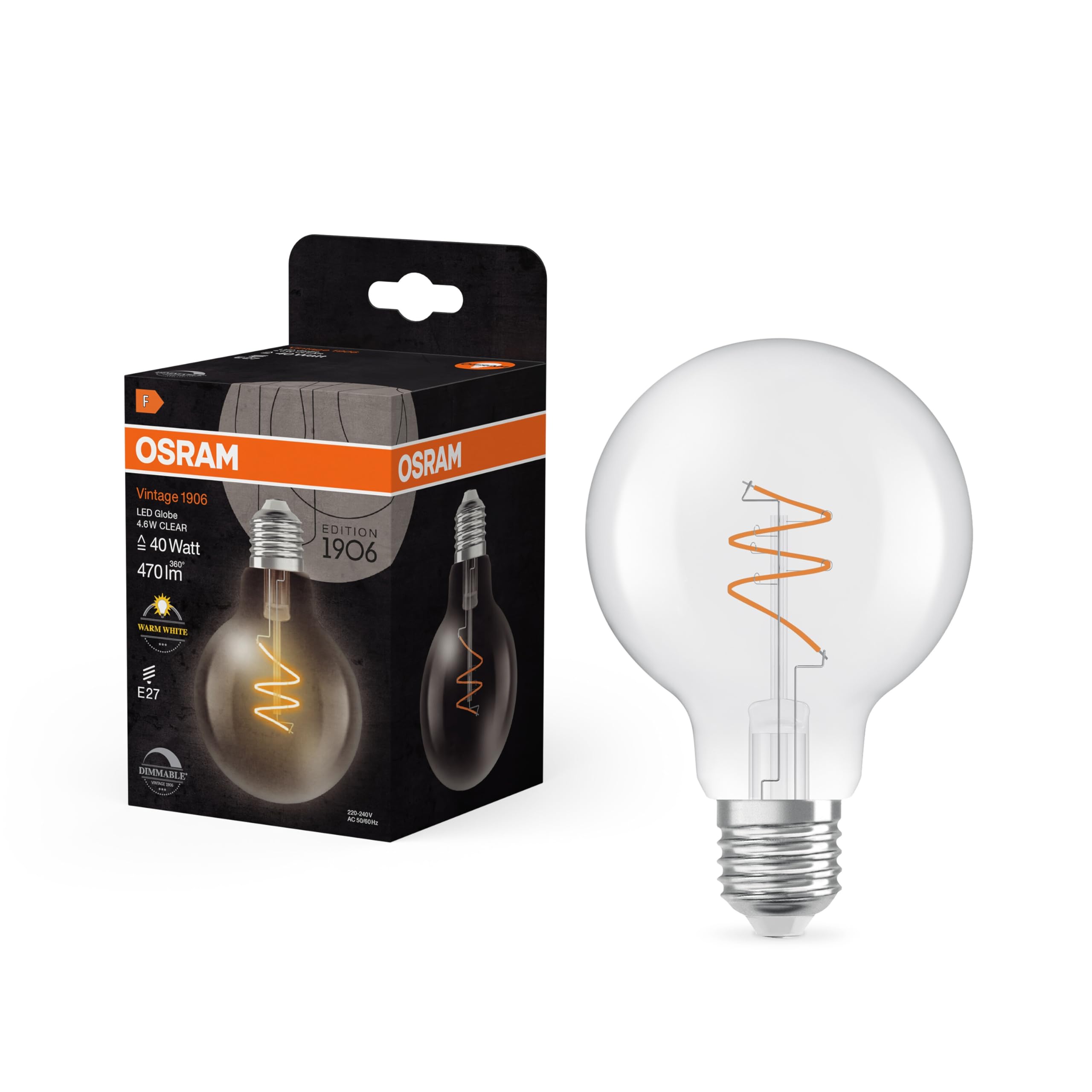 OSRAM Vintage 1906 Globe is a dimmable Warm White with a Classic Ball Shape with a Spiral Filament. It Offers 4.6W for 470lm, E27, Clear Glass, 80mm Diameter.