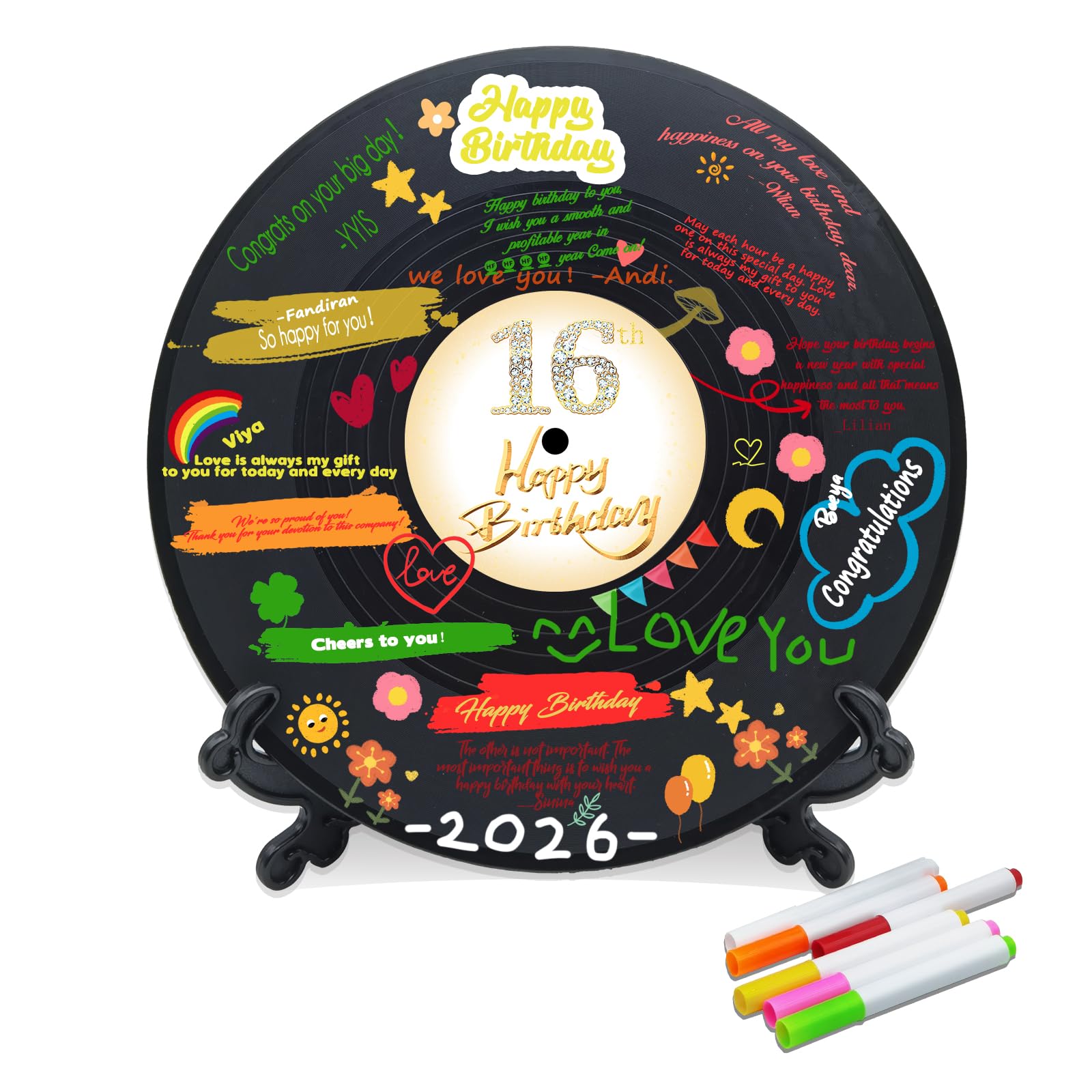 Płyta winylowa 'Sweet 16 Birthday' dekoracje 39 cm x 11,15 cm, dekoracje na 16. urodziny, przyjęcie, plakat, księga gości na 16. urodziny, alternatywa, świetny prezent dla dziewcząt lub chłopców (16