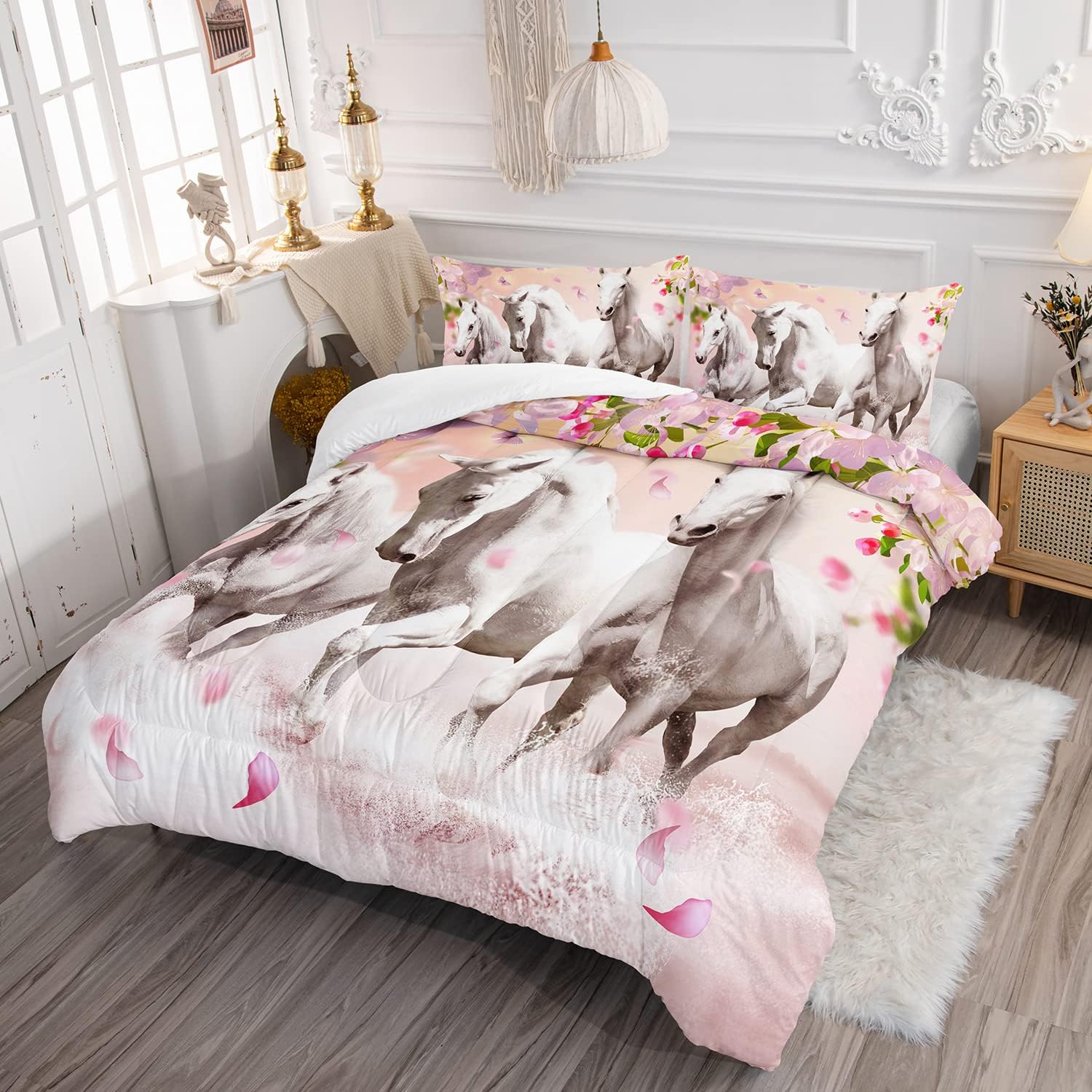 HOSIMA Horse Bedding for Girls, Pink Cherry Blossom Printed Twin Comforter Set with 2 Pillowcases, 3D Farm Wild Animal Pattern, Western Bedding Set Theme - Image 2