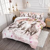 Vista 2 de HOSIMA Juego de ropa de cama para niñas con temática de caballos, juego de edredón estampado de flores de cerezo rosa con 2 fundas de almohada