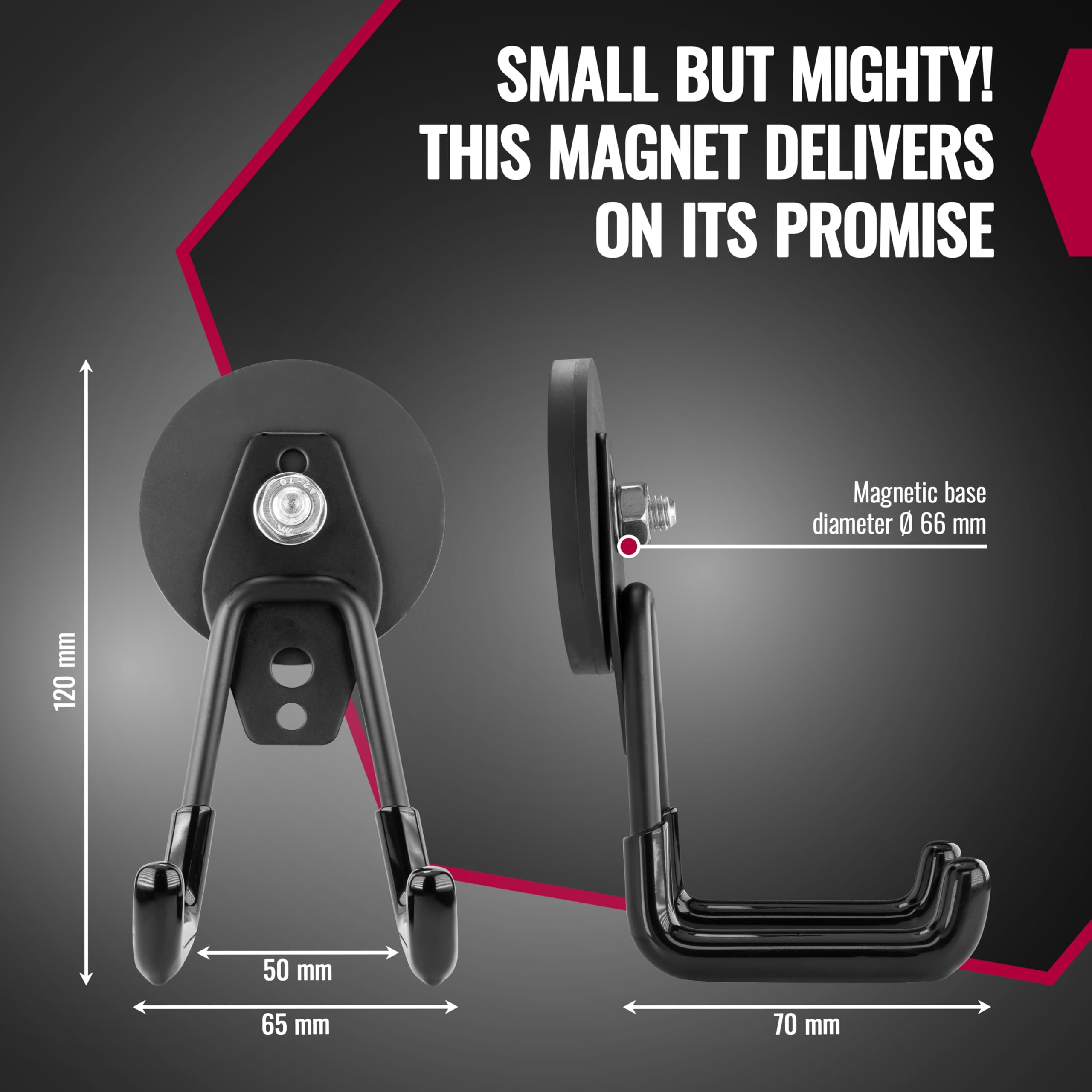 POPPSTAR 2 Magnetic Garage Hooks (Round diameter 66 mm, Pulling Force 20 kg, Height 80 mm), Black, Set 2 - Image 2