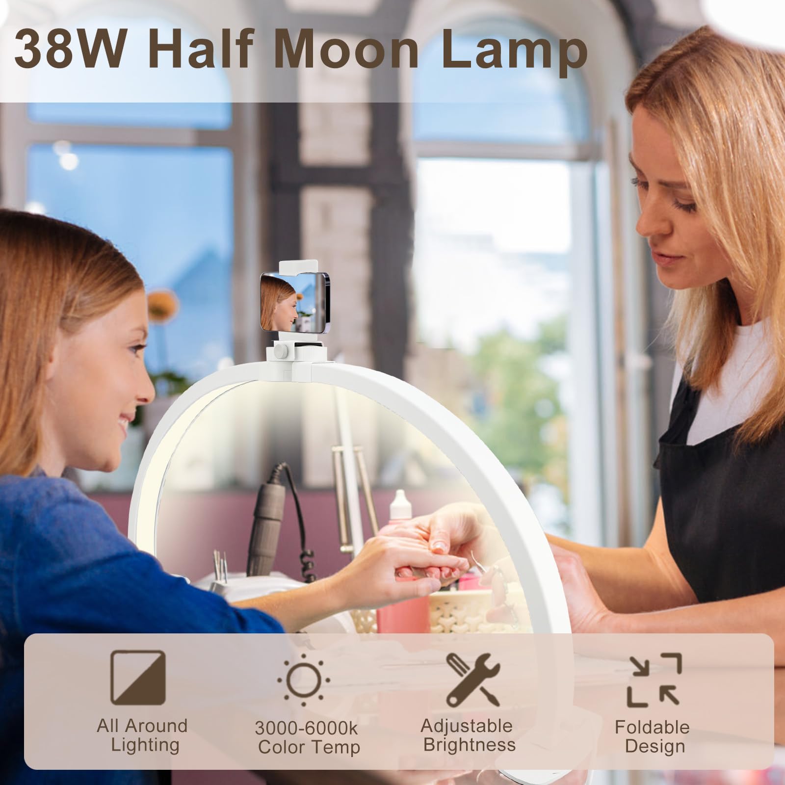 VINGVO Half Moon Lamp, Foldable 3000‑6000k Half Moon Light, Nail Desk Lamp with Phone Holder - Image 2