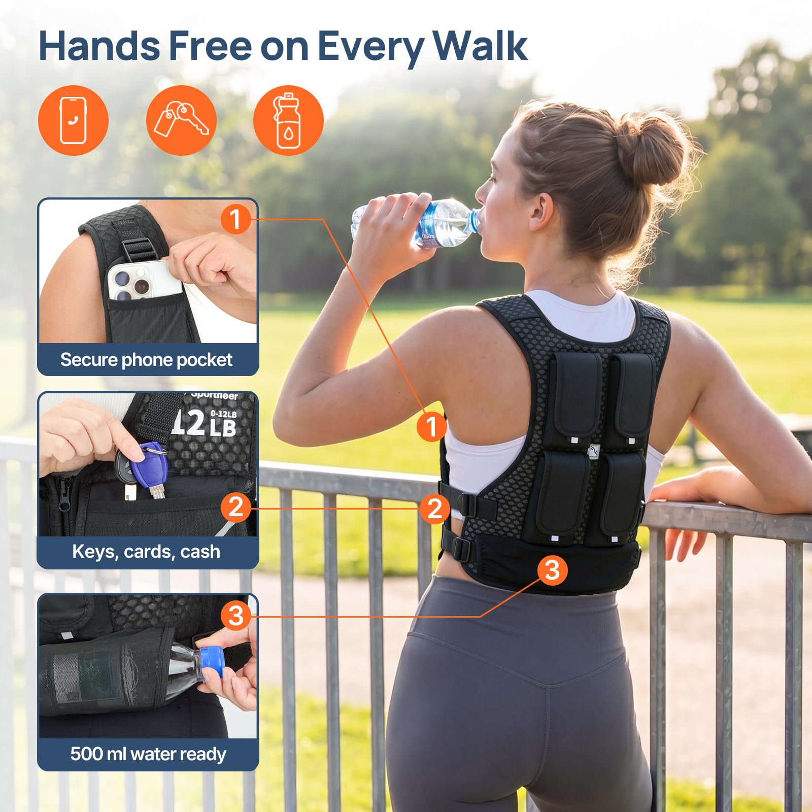 Sportneer 0–5,4 kg Verstellbare Gewichtsweste für Walking, Schwarz | Leichte Gewichtsweste für Damen mit Handytasche und Flaschenhalter, bequeme Weste zum Gehen, Joggen und Krafttraining