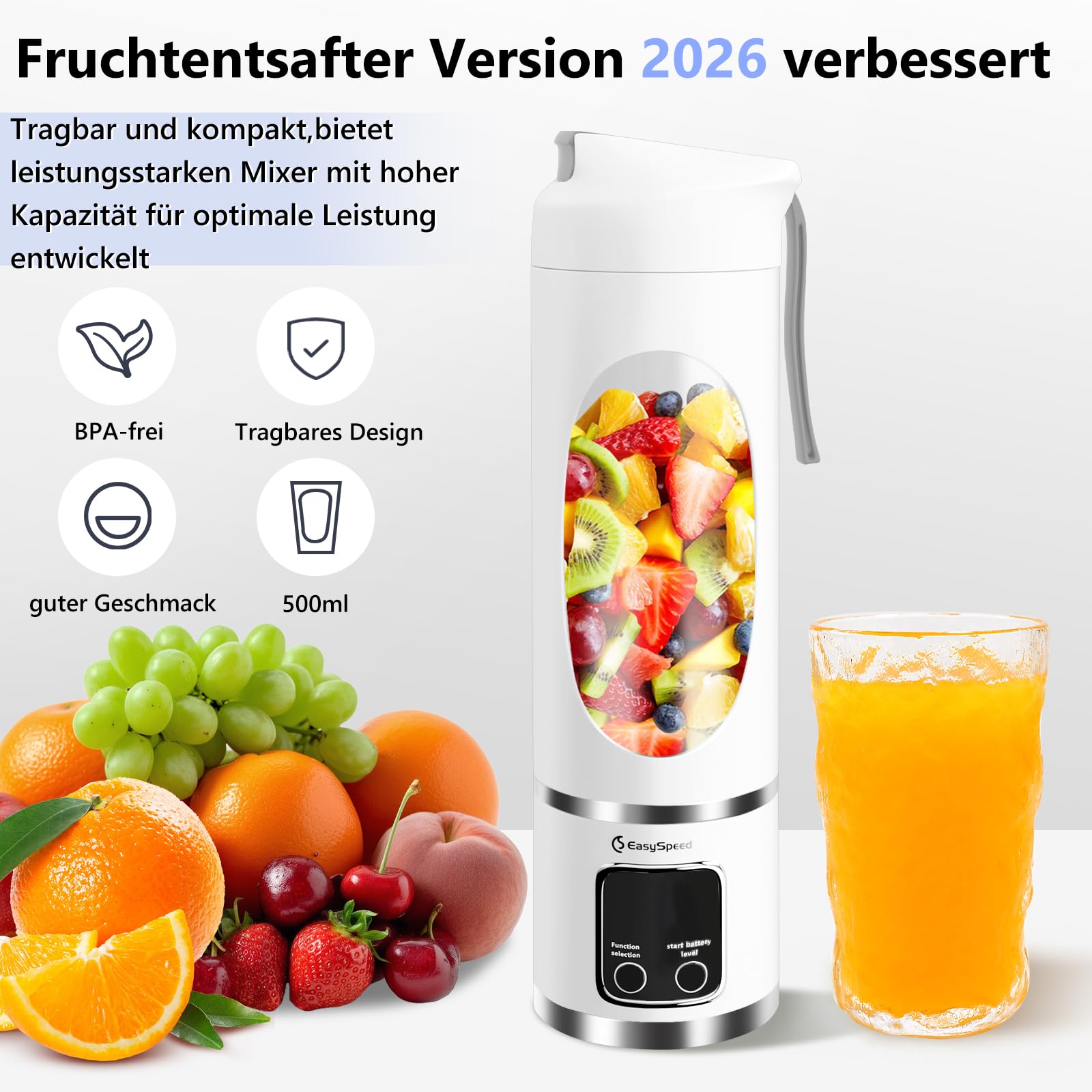 EasySpeed Tragbarer Mixer Smoothie Maker, 500ml Persönlicher Mini Entsafter Auslaufsicherem Deckel & Trinköffnung, 1500mAh Elektrisch USB-C, 12 Edelstahlklingen, BPA-frei für Reisen und Büro, Weiß