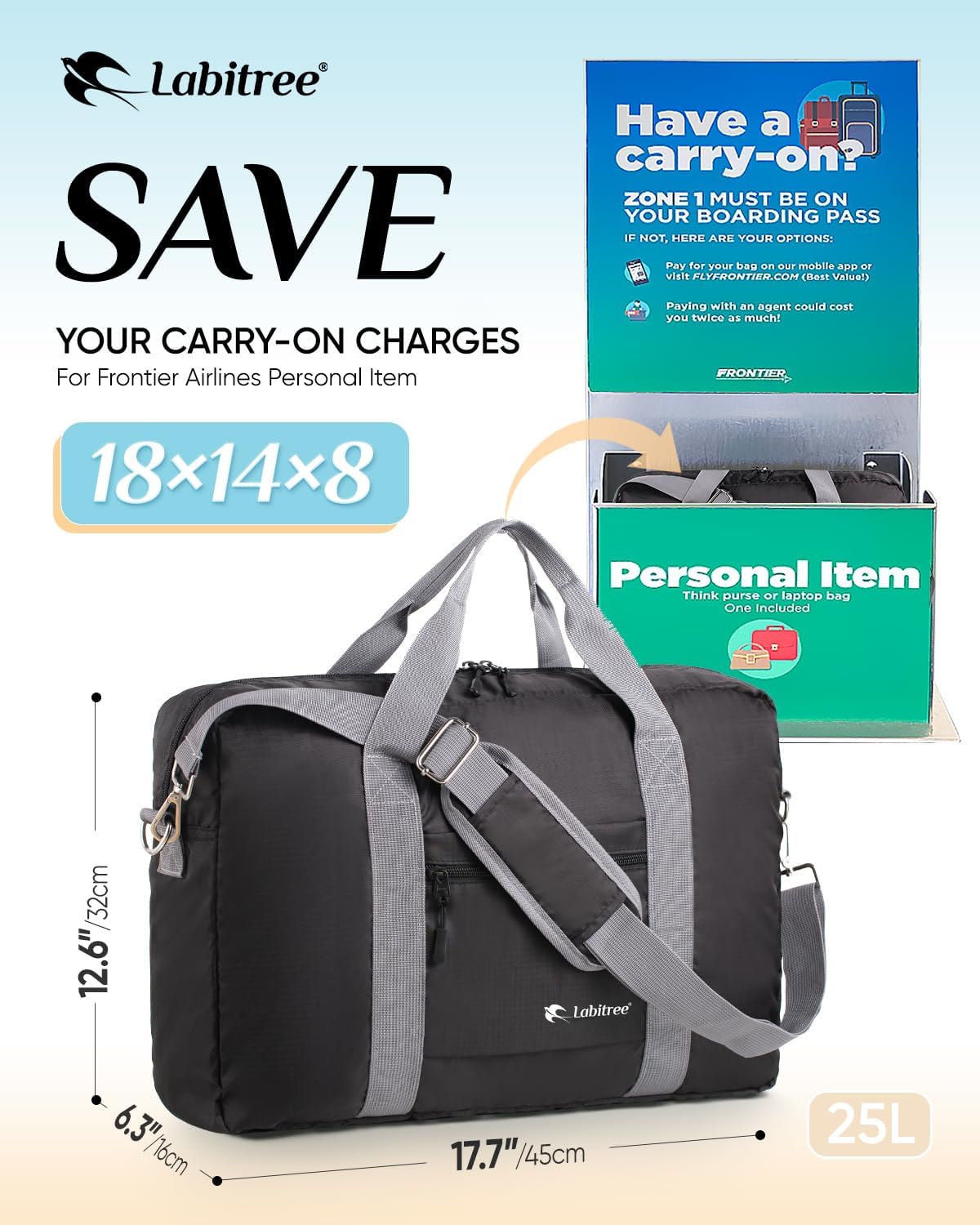 For Frontier Airlines Personal Item Travel Bag 18 x 14 x 8 Inches, Foldable Under Seat Duffel Bags for Spirit Airplane 14 x 18 x 8 Inches, Minimalist Overnight Bag for Women or Men Air Travel [Black] - Image 2