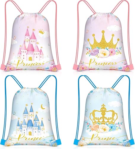 Censen Juego de 24 bolsas con cordón a granel de 12 x 10 pulgadas, bolsas de regalo de princesa príncipe, corona, castillo, floral, bolsa de regalo