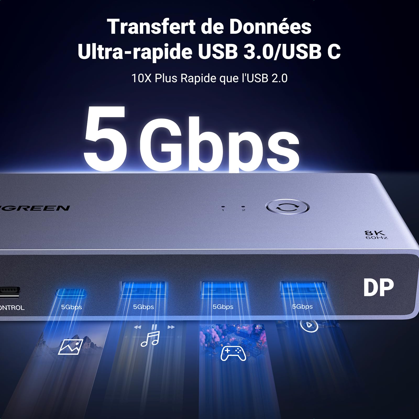 UGREEN Switch KVM Displayport 1.4 8K 60Hz 2 Entrées 1 Sortie Commutateur | 4K 240Hz USB C 3 USB A pour Clavier Souris Disque Dur Imprimante Moniteur avec Contrôleur de Bureau 2 Câbles DP 1M