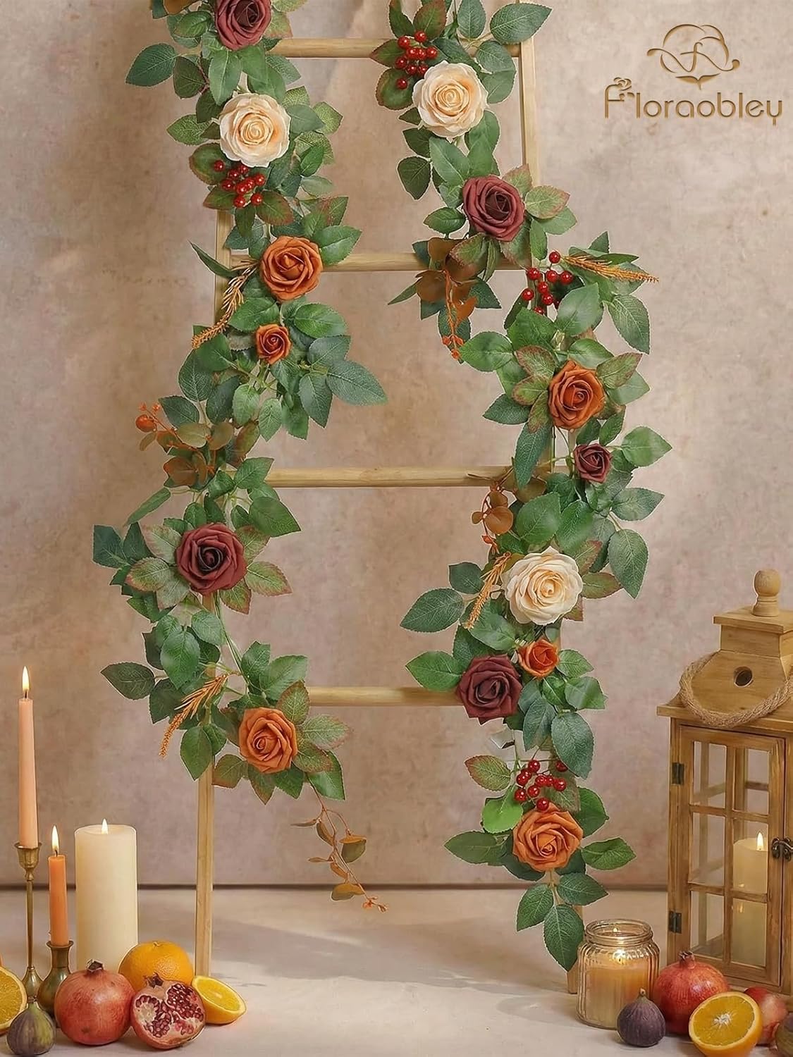 5.5FT Artificial Flower Garland Terracotta Rose & Greenery for Wedding Arch Backdrop Table Centerpiece Mantel Decor, with Rose String Lights & 3D Butterflies