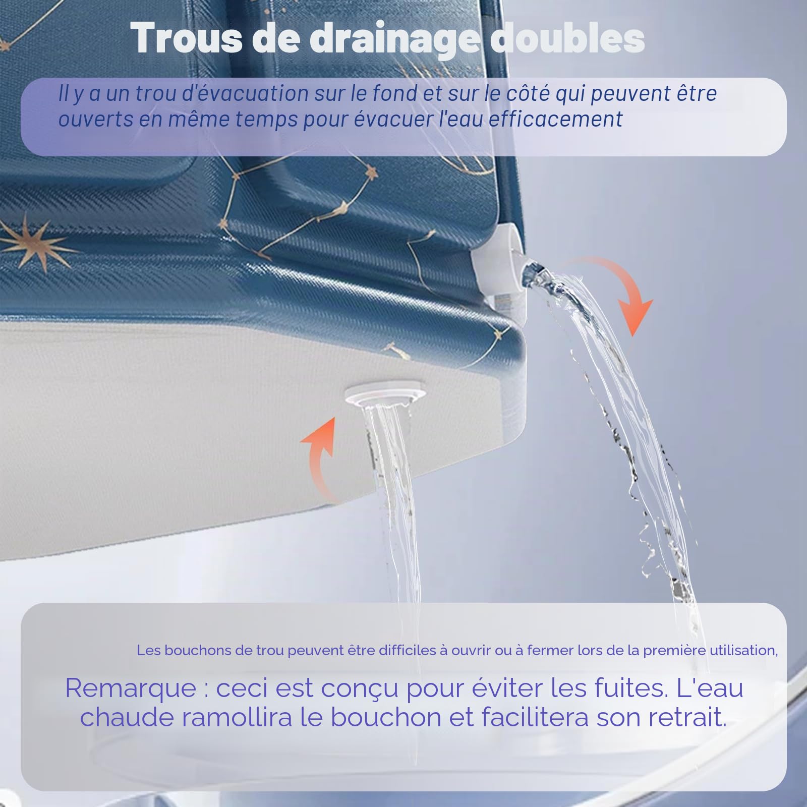 Baignoire de trempage pliable 80 x 65 cm pour adultes, avec coussin d'assise, tuyau d'évacuation et sac de rangement, parois isolées pour la conservation de la chaleur, double trous de drainage, peu