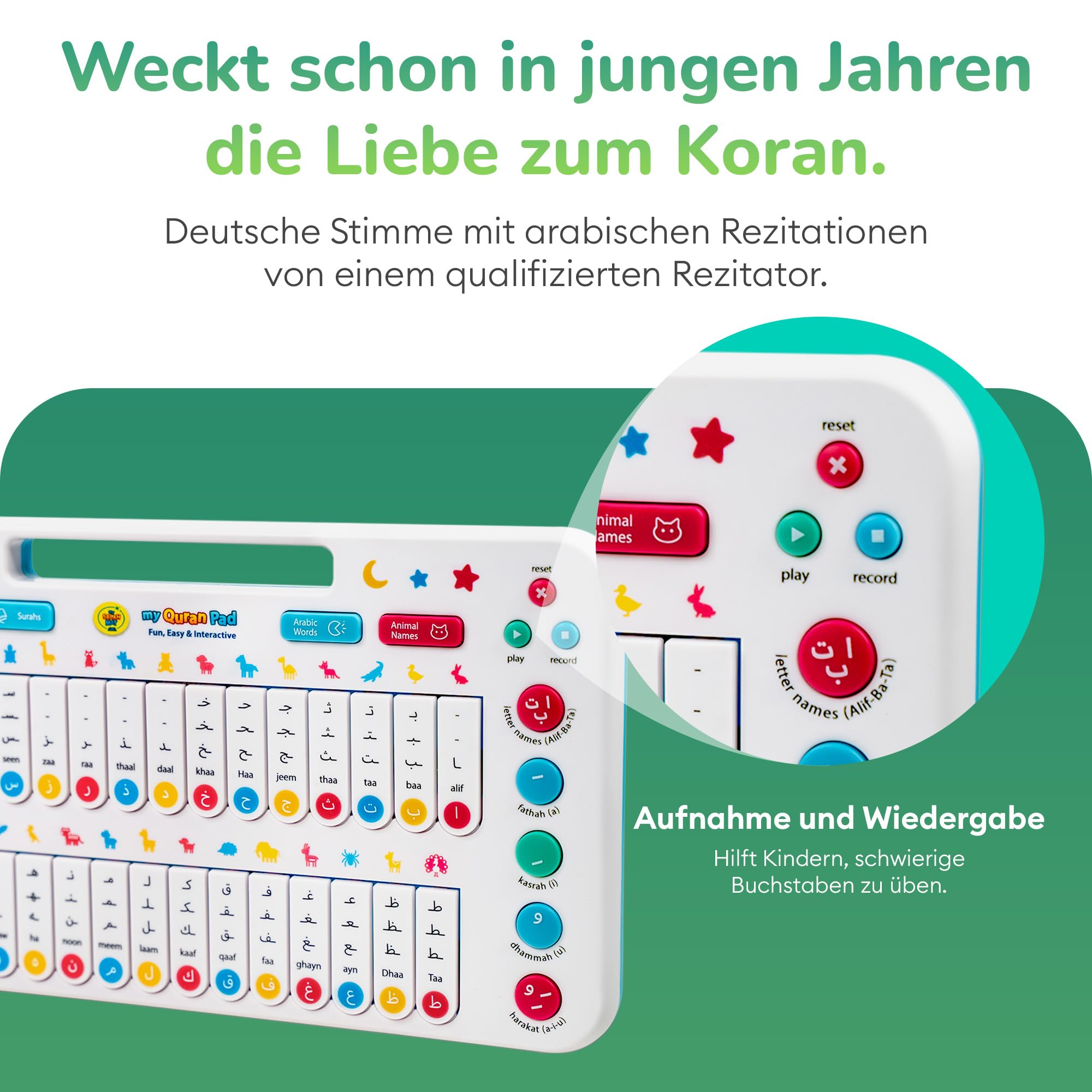 Kinder Spielzeug ab 2 Jahren – Interaktive My Quran Pad Lernspiele, um das arabische Alphabet mit täglichen Wörtern, Tieren und mehr zu Lernen – Kleinkindspielzeug von My Salah Mat