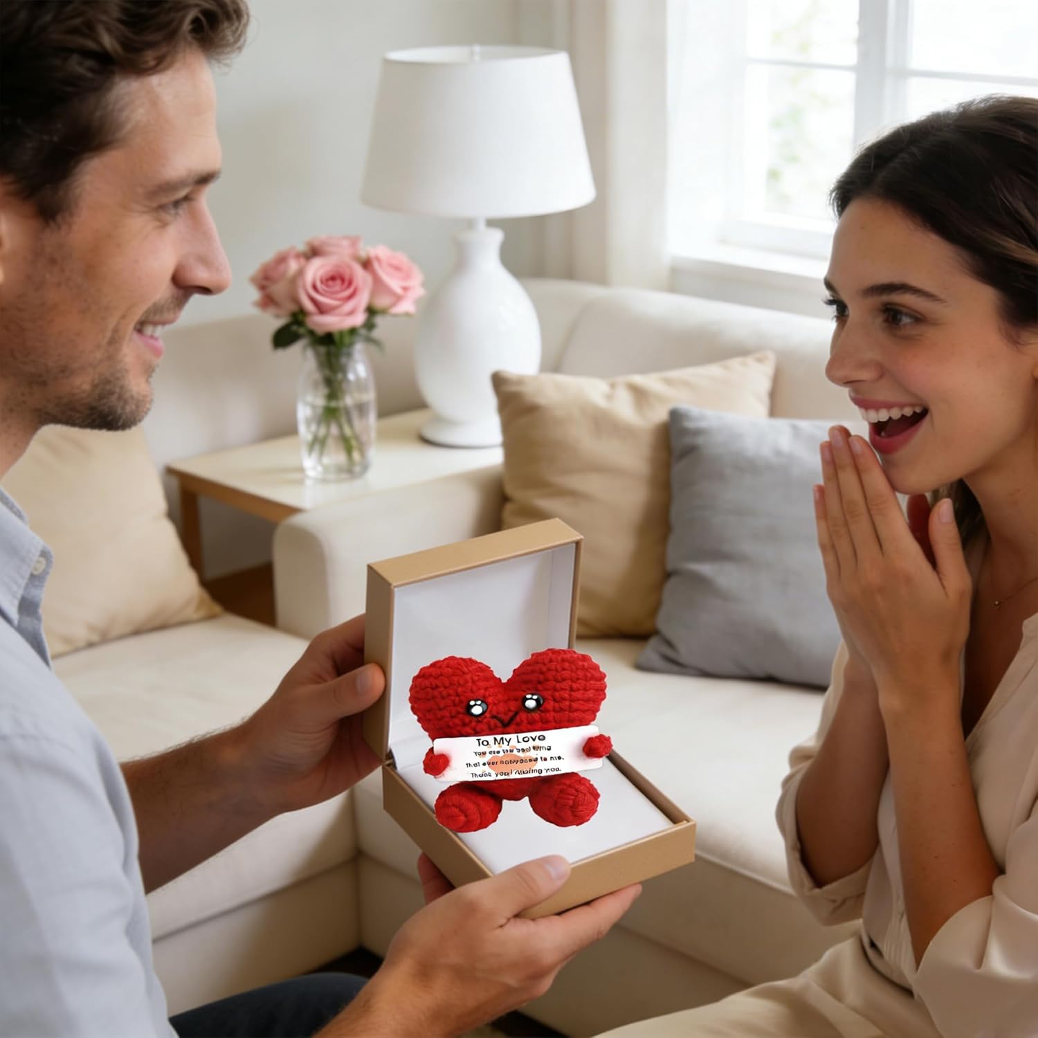 Valentines Crochet Gifts for Her Him,Galentines Gifts Under 10,Boyfriend Girlfriend Couple Pocket Hug Heart with Positive Emotional Card Handmade Crochet Heart Doll Office Desk Decor