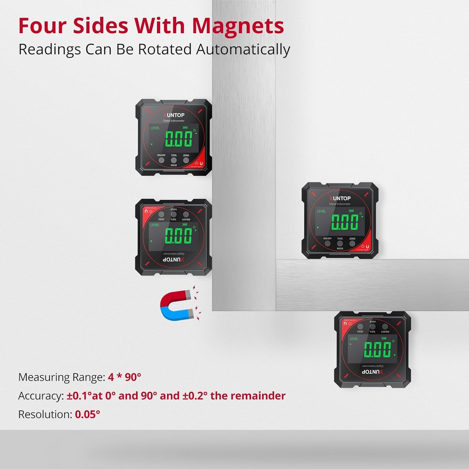 Pro Layout Kit: 4×90° Magnetic Digital Angle Finder & 28-Thread Checker, Type-C IP54, SAE/Metric ID, Wood & Metal Setup